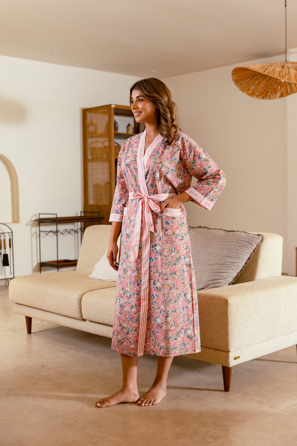 LIGHT COTTON ROBE - DUSTY PINK FLORAL