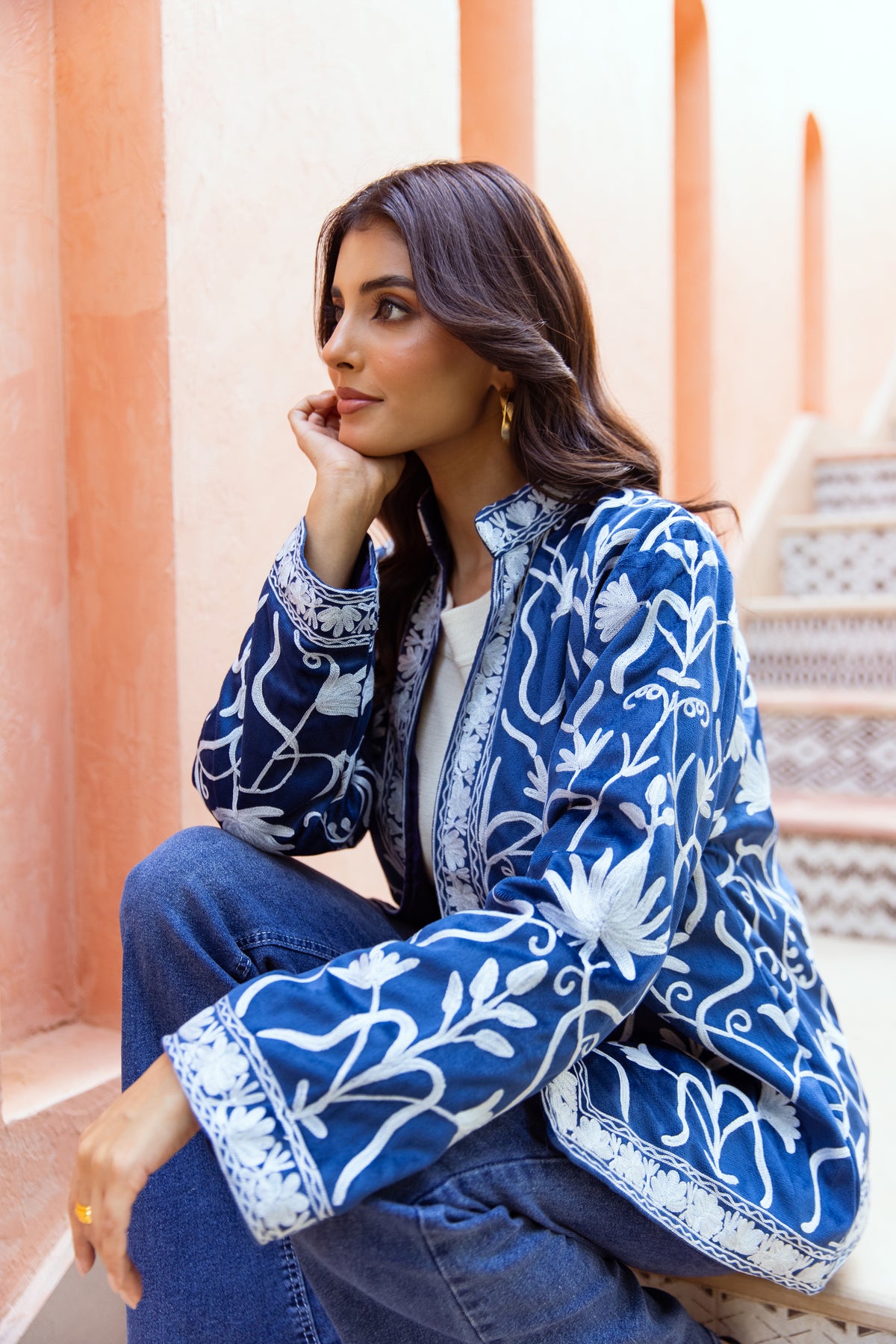 ROYAL BLUE KASHMIRI EMBROIDERED VELVET JACKET