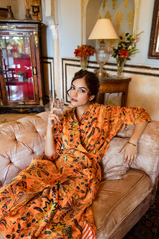 ORANGE FLORAL VINE VELVET ROBE
