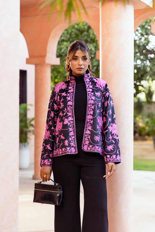 BLACK & PINK KASHMIRI EMBROIDERED VELVET JACKET