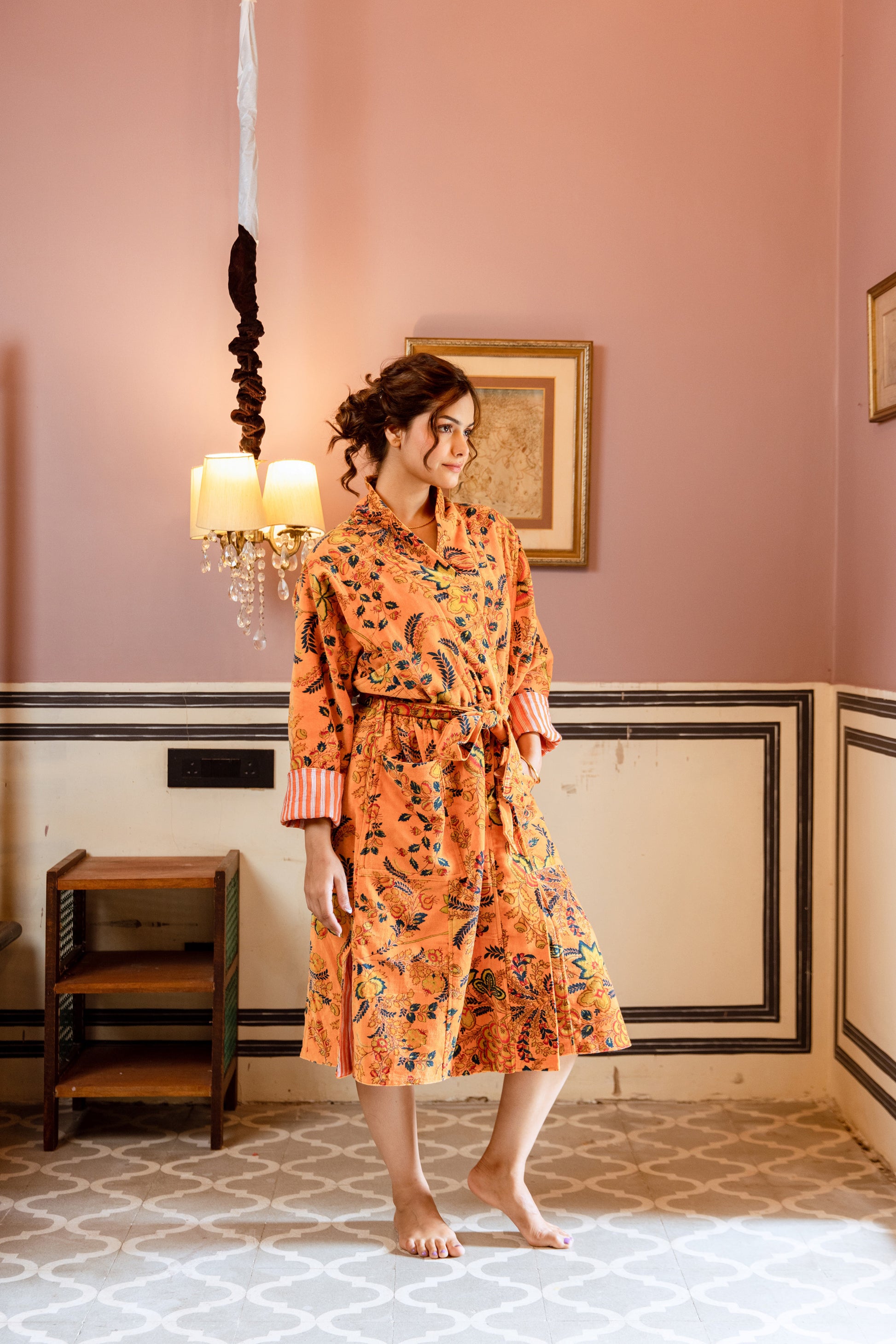ORANGE FLORAL VINE VELVET ROBE
