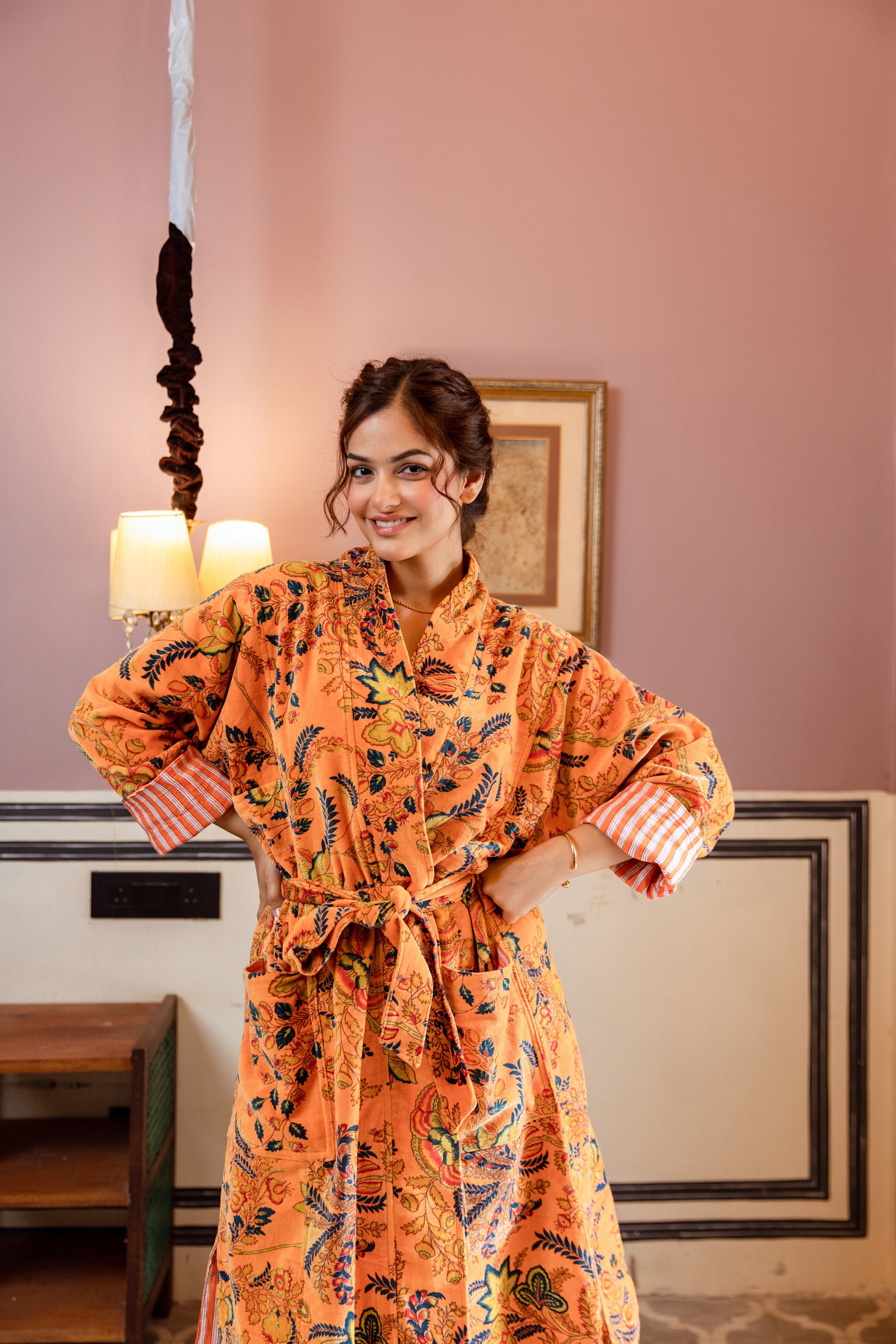 ORANGE FLORAL VINE VELVET ROBE
