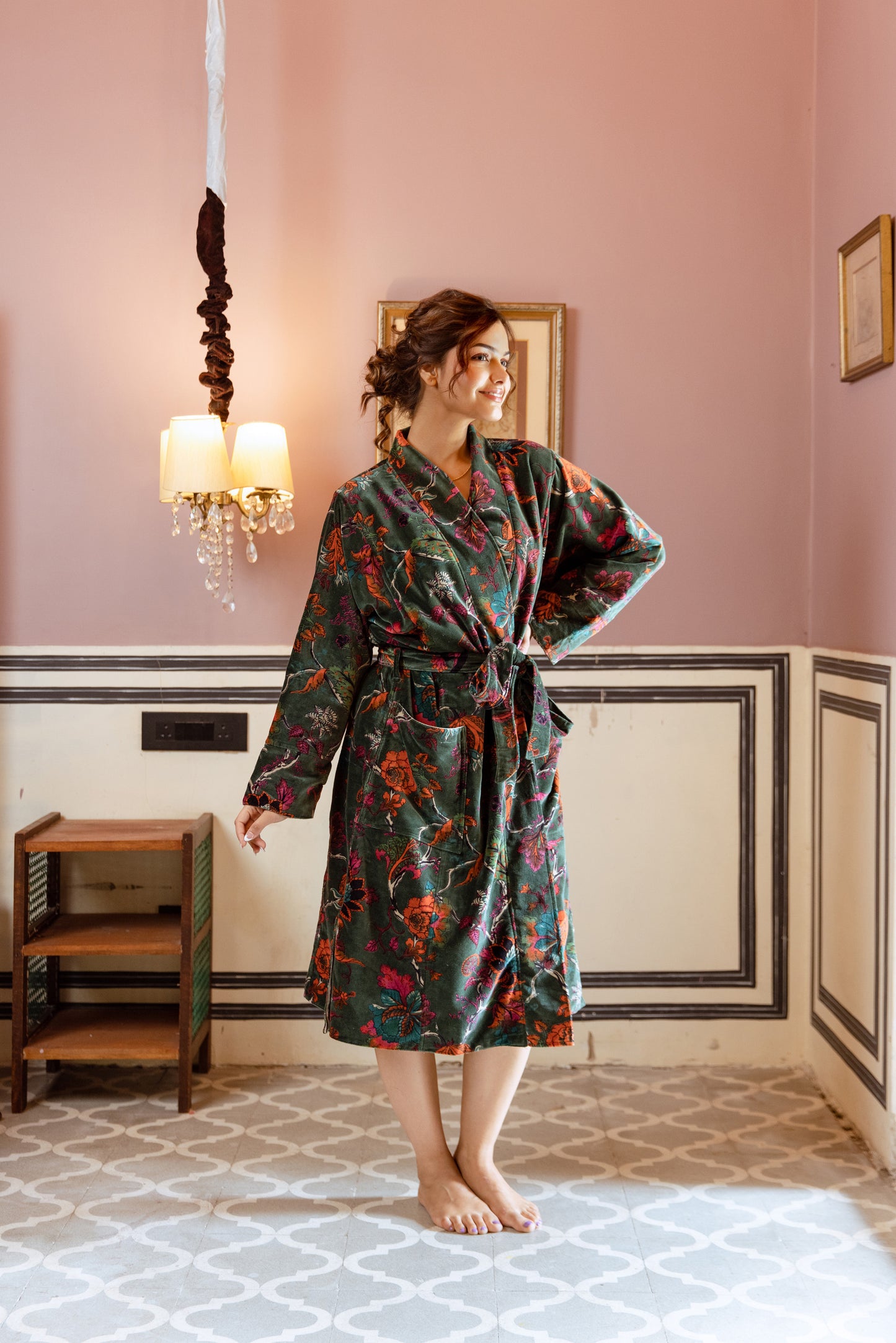 WOMEN'S VELVET KIMONO ROBE - FOREST GREEN