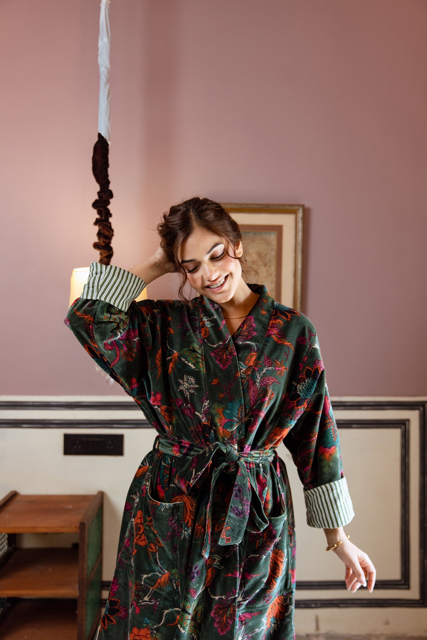 WOMEN'S VELVET KIMONO ROBE - FOREST GREEN