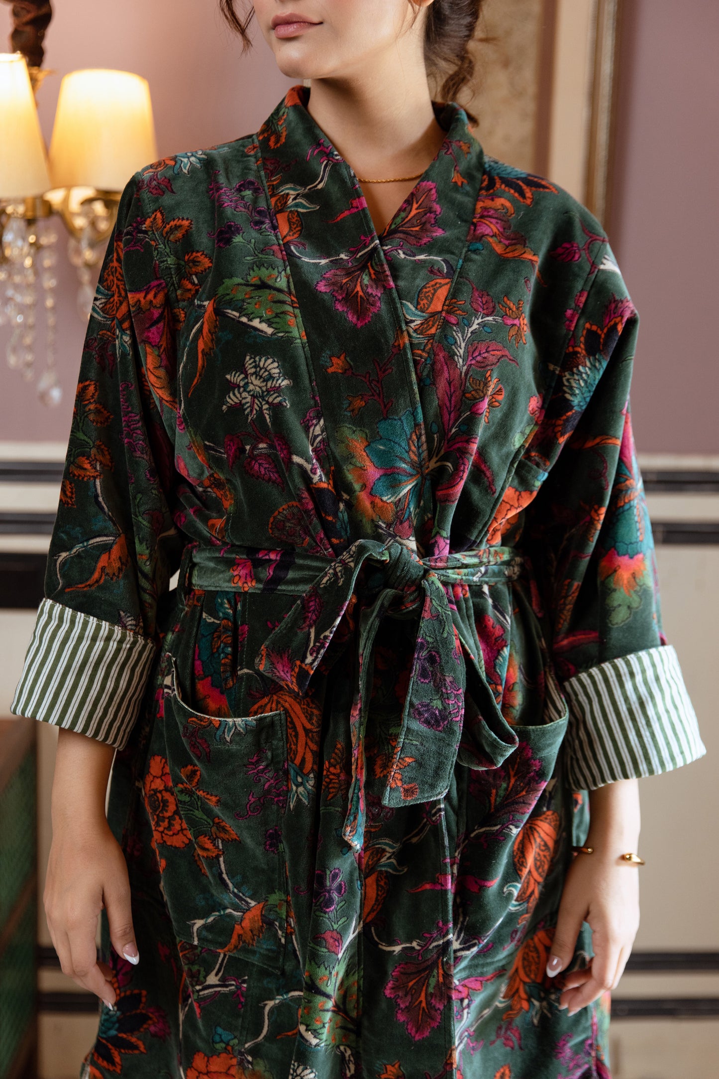 WOMEN'S VELVET KIMONO ROBE - FOREST GREEN