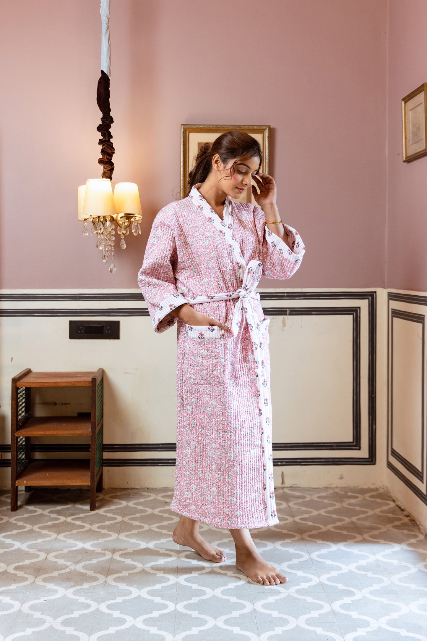 PINK FLORAL LUXURY QUILTED COTTON ROBE
