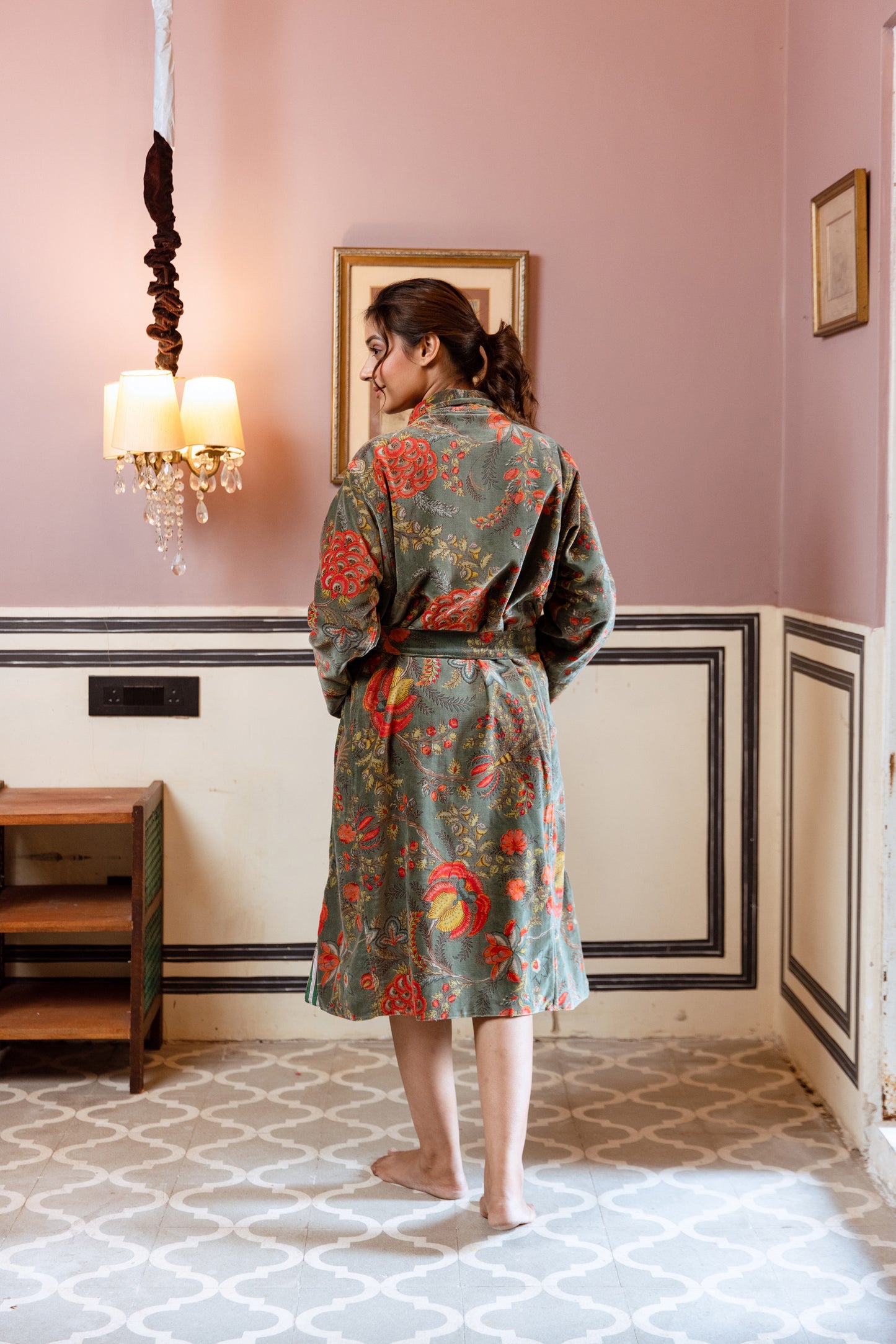 WOMEN'S VELVET KIMONO ROBE - SAGE GREEN