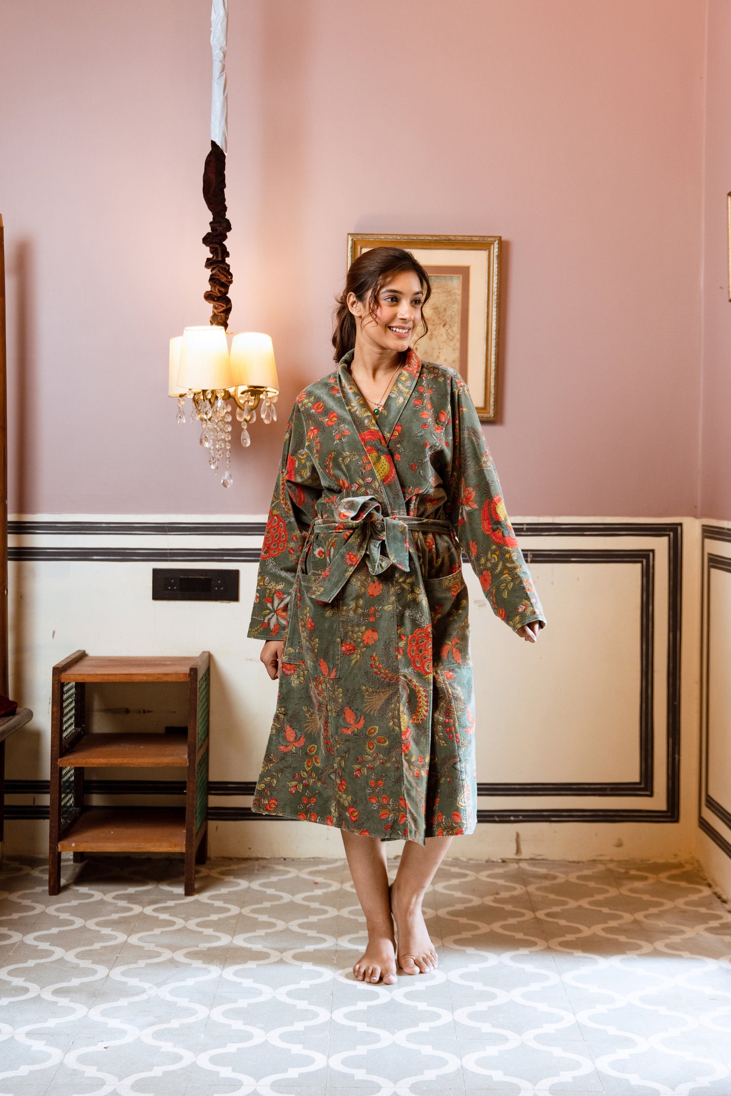 WOMEN'S VELVET KIMONO ROBE - SAGE GREEN