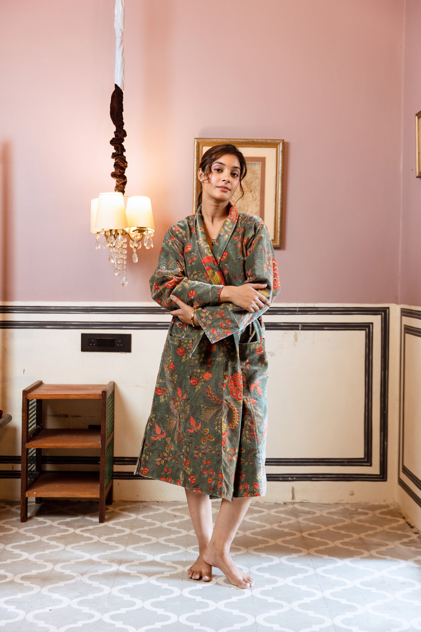 WOMEN'S VELVET KIMONO ROBE - SAGE GREEN