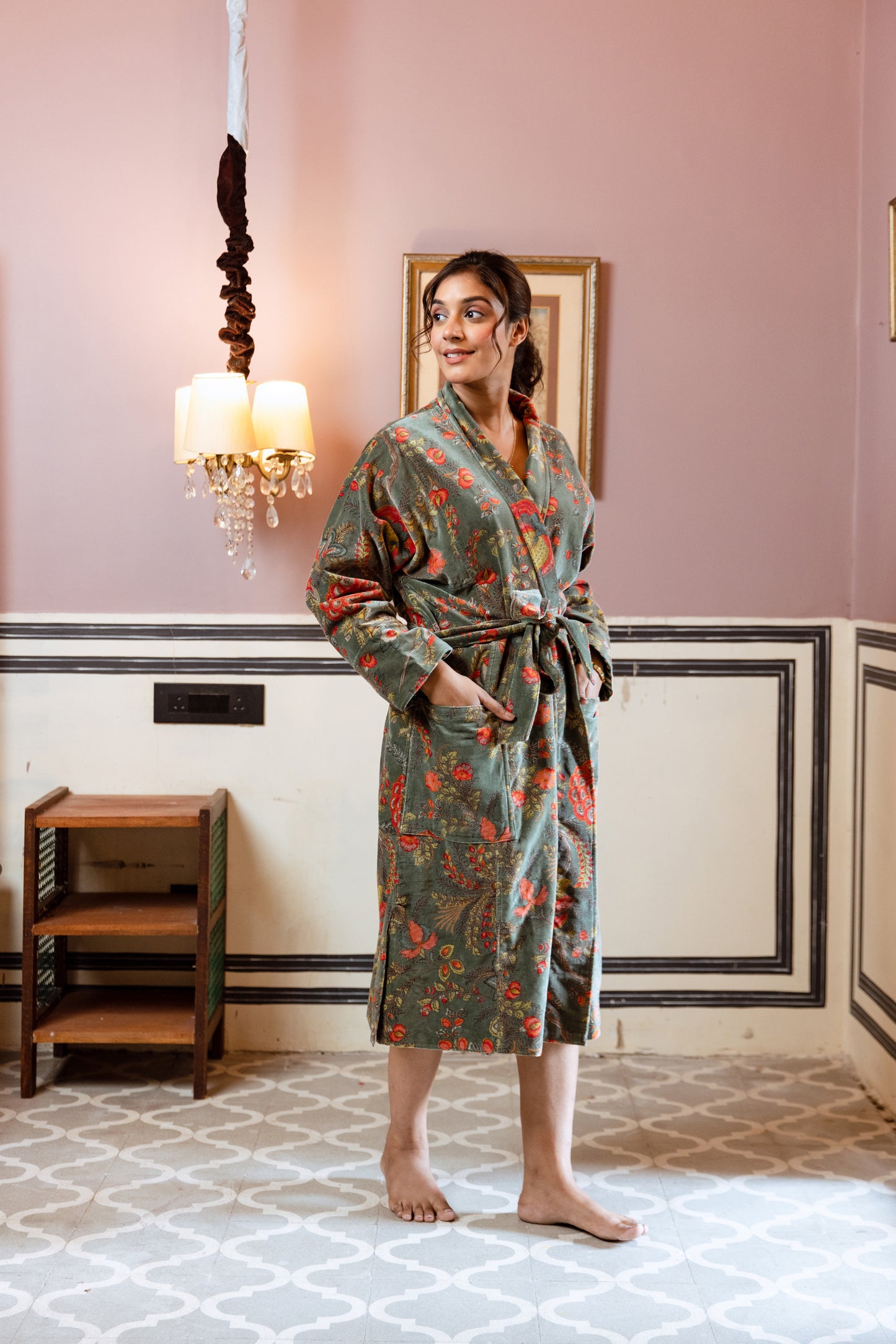 WOMEN'S VELVET KIMONO ROBE - SAGE GREEN