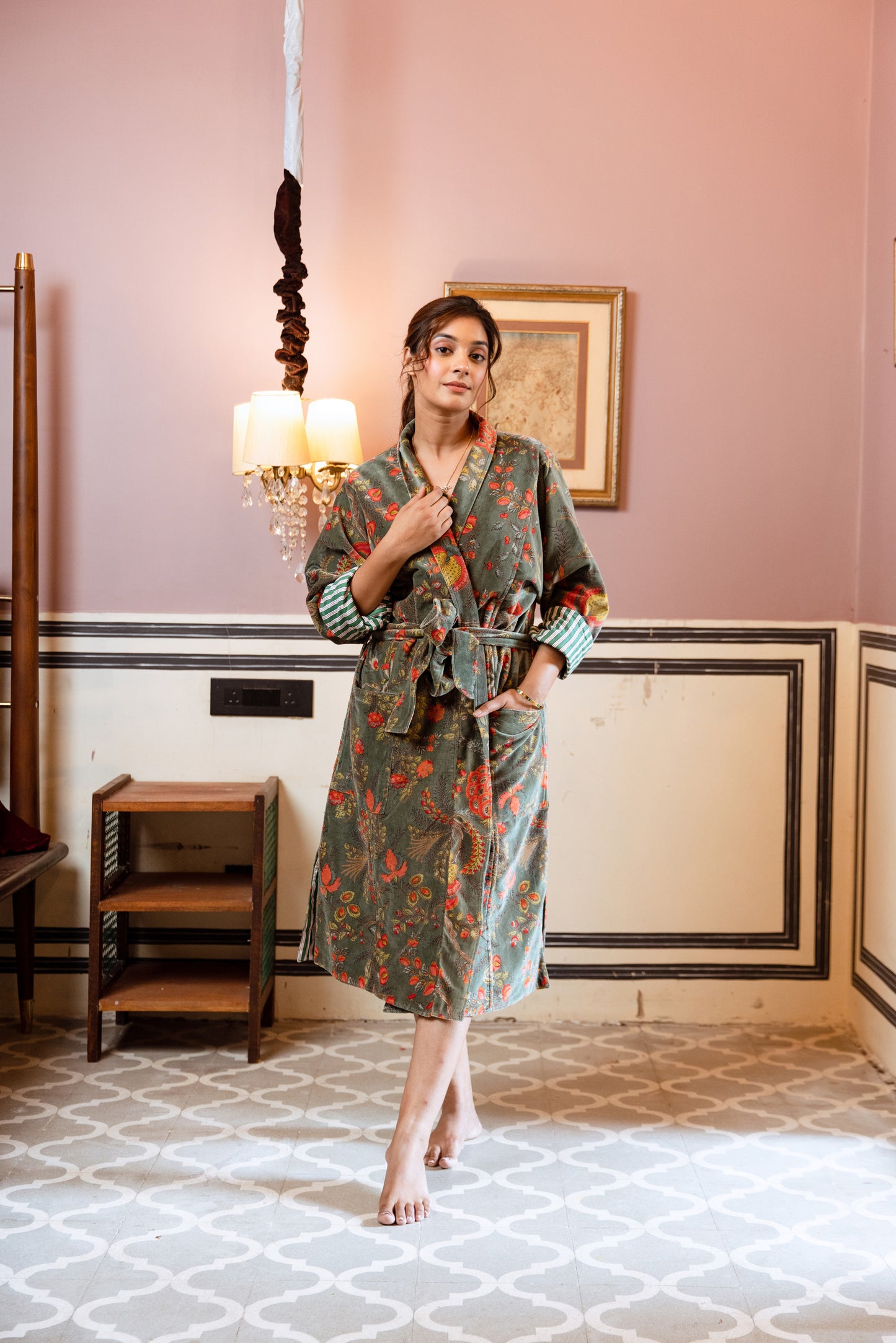 WOMEN'S VELVET KIMONO ROBE - SAGE GREEN