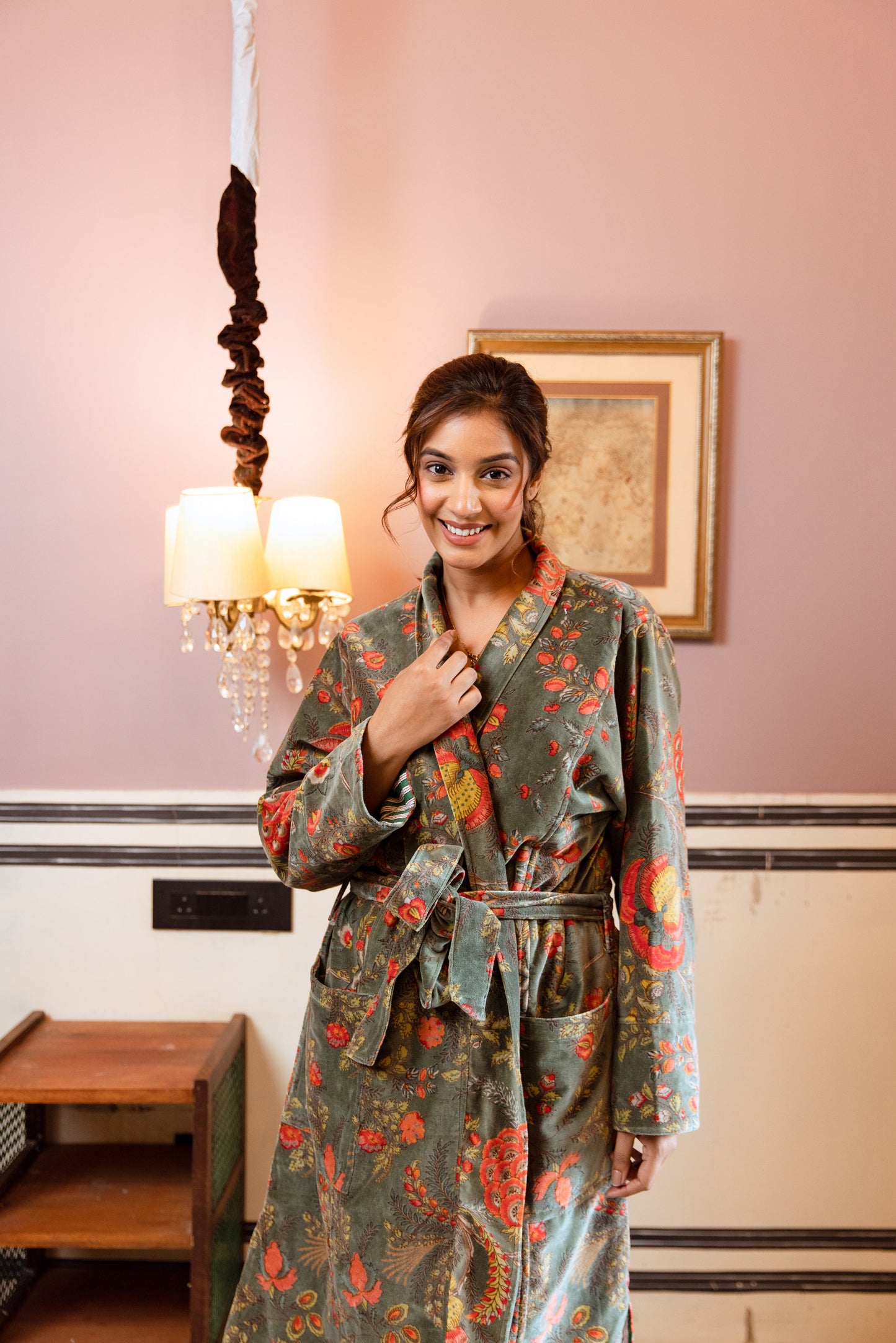 WOMEN'S VELVET KIMONO ROBE - SAGE GREEN