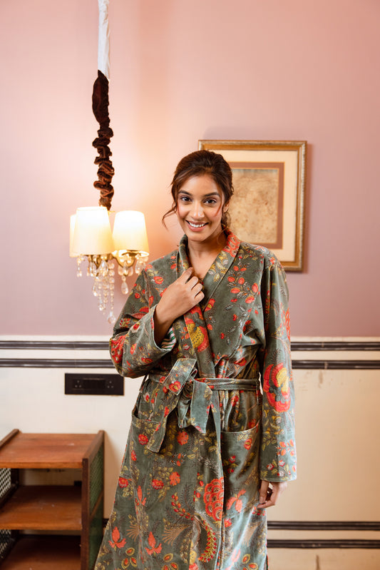 WOMEN'S VELVET KIMONO ROBE - SAGE GREEN