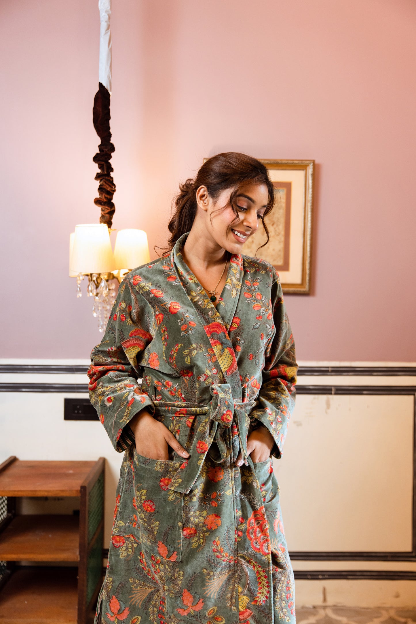 WOMEN'S VELVET KIMONO ROBE - SAGE GREEN