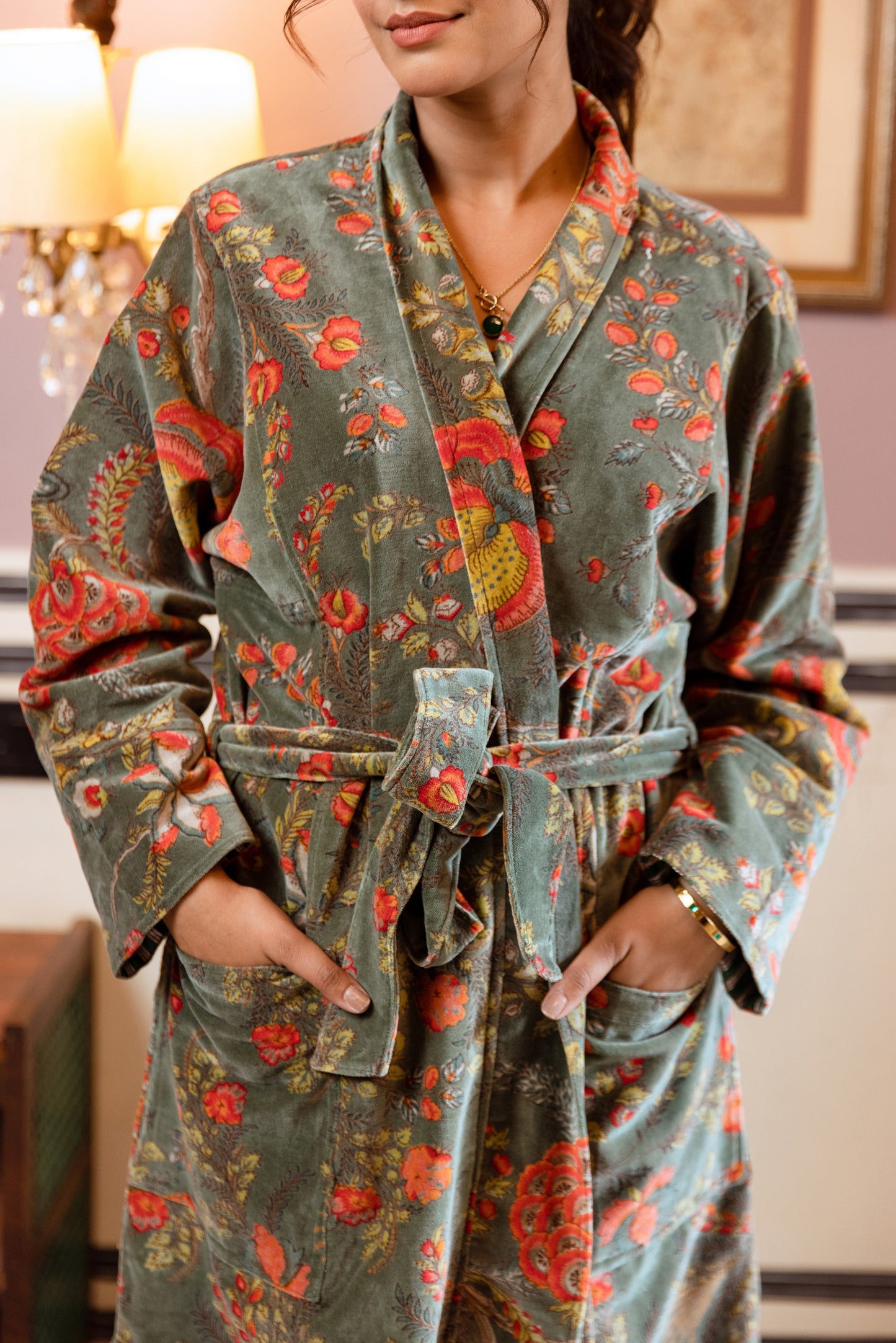 WOMEN'S VELVET KIMONO ROBE - SAGE GREEN