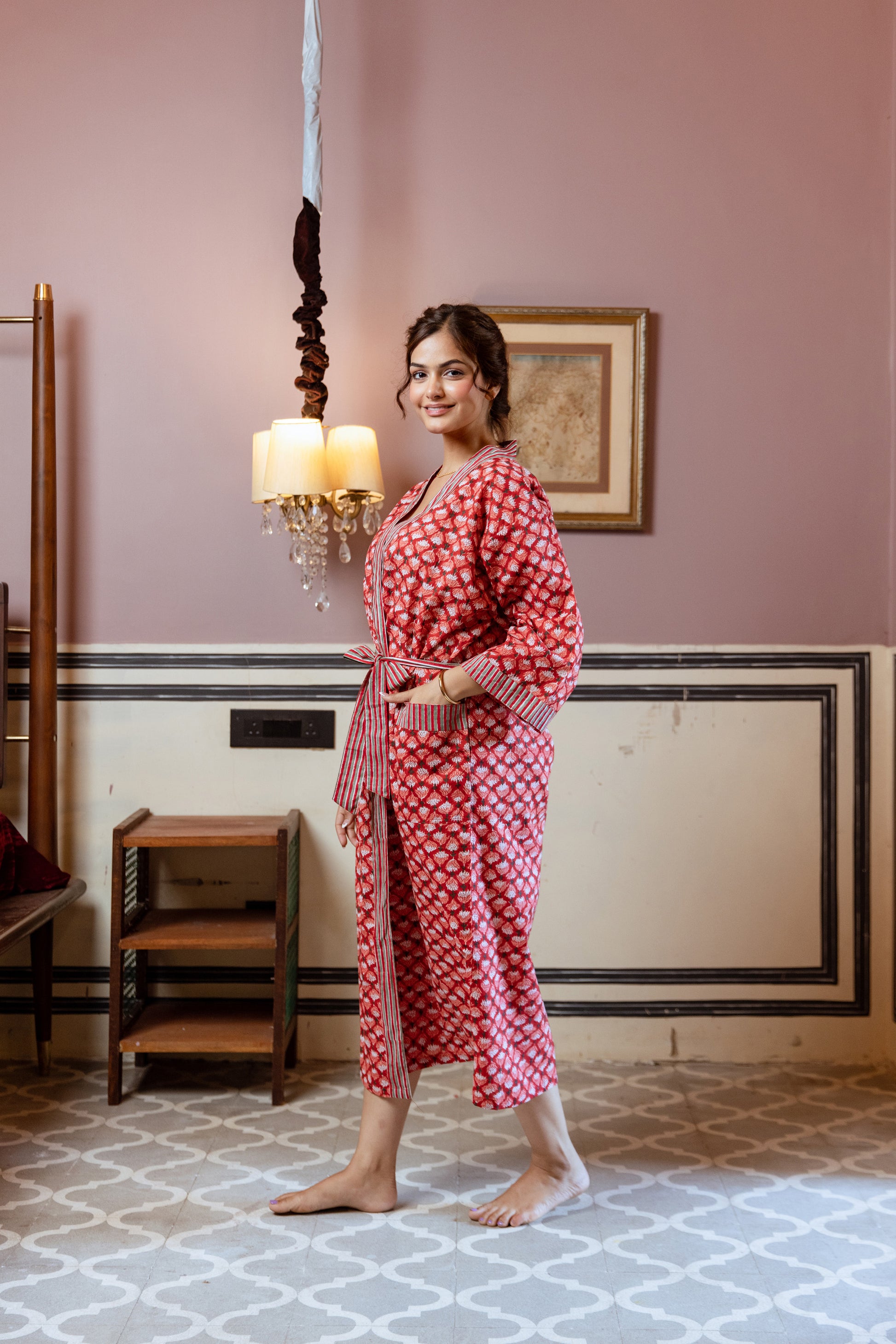 Red Pattern Block Print Gown