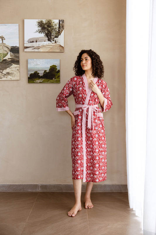 LIGHT COTTON ROBE - RED FLORAL VINE