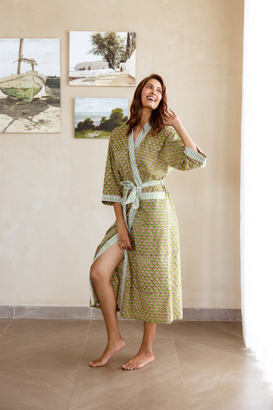 LIGHT COTTON ROBE - GREEN FLORAL BLOOM