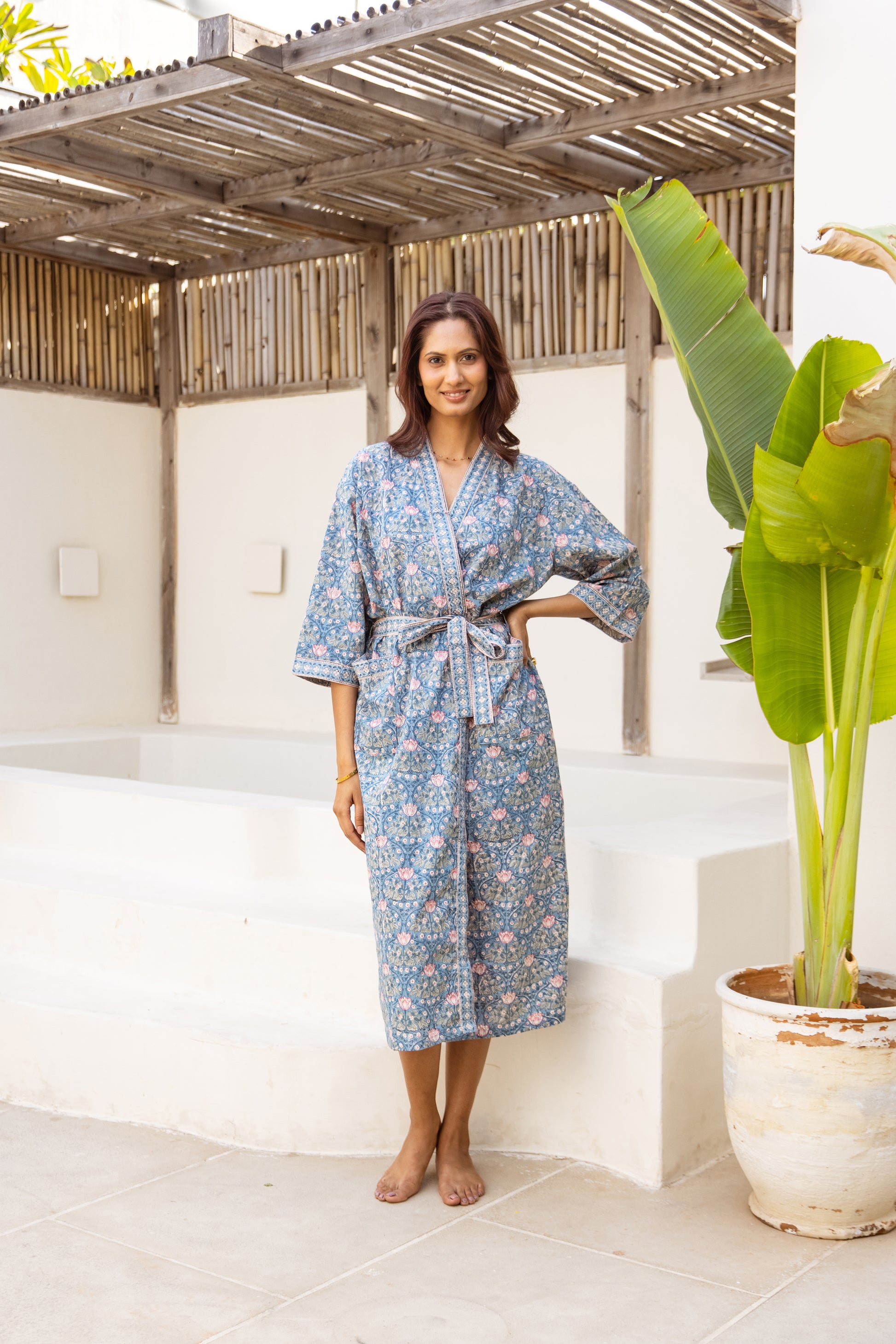 Full-length view of lightweight cotton dressing gown with relaxed fit