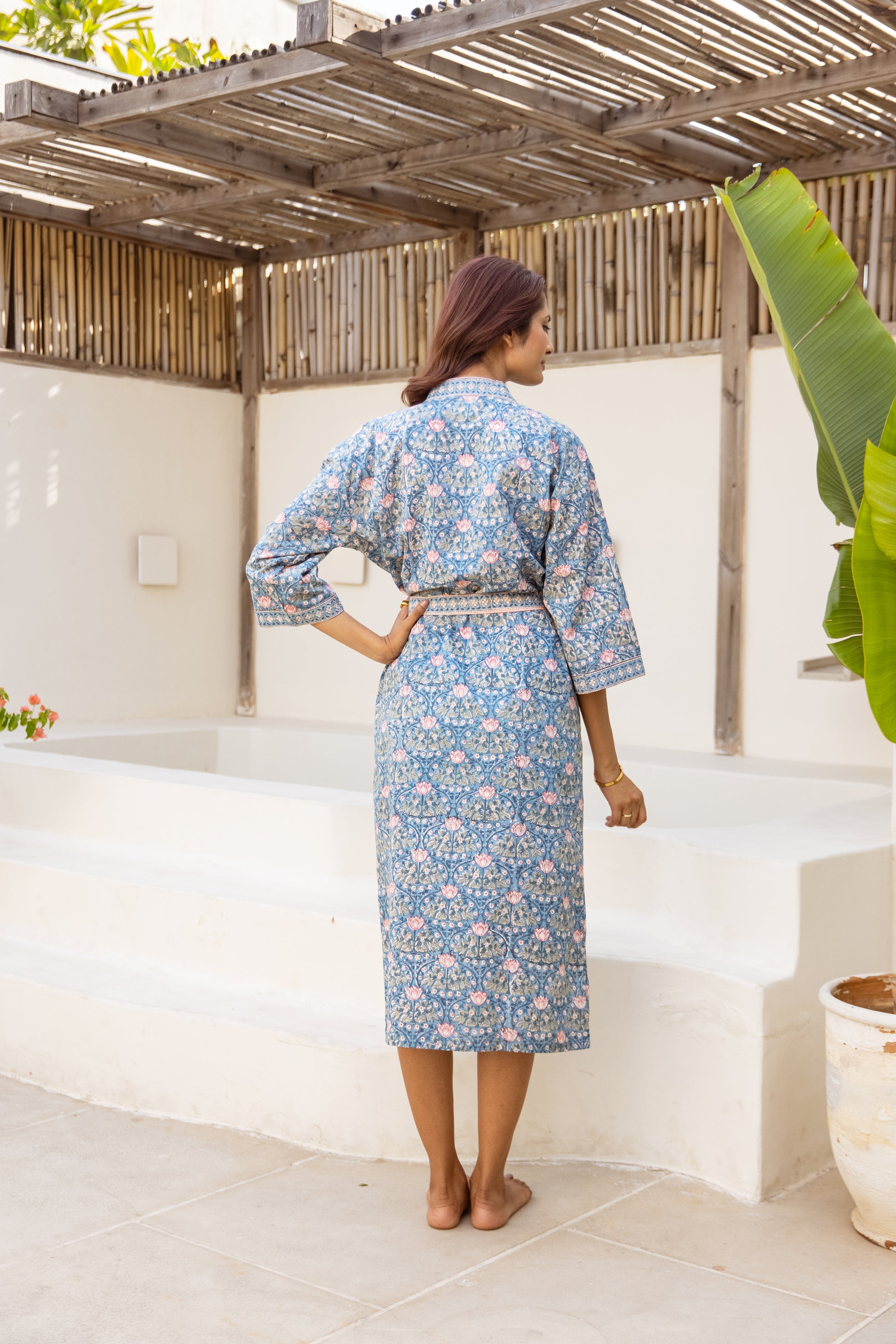 Back view of cotton dressing gown showing three-quarter sleeves