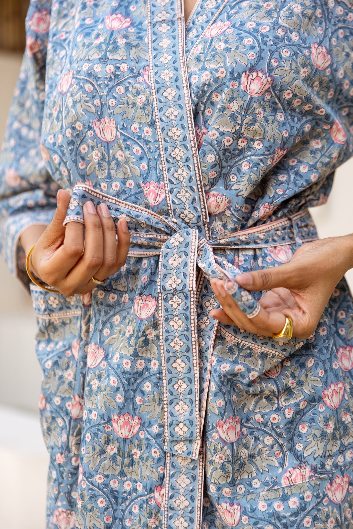 Lightweight floral cotton dressing gown styled for everyday comfort
