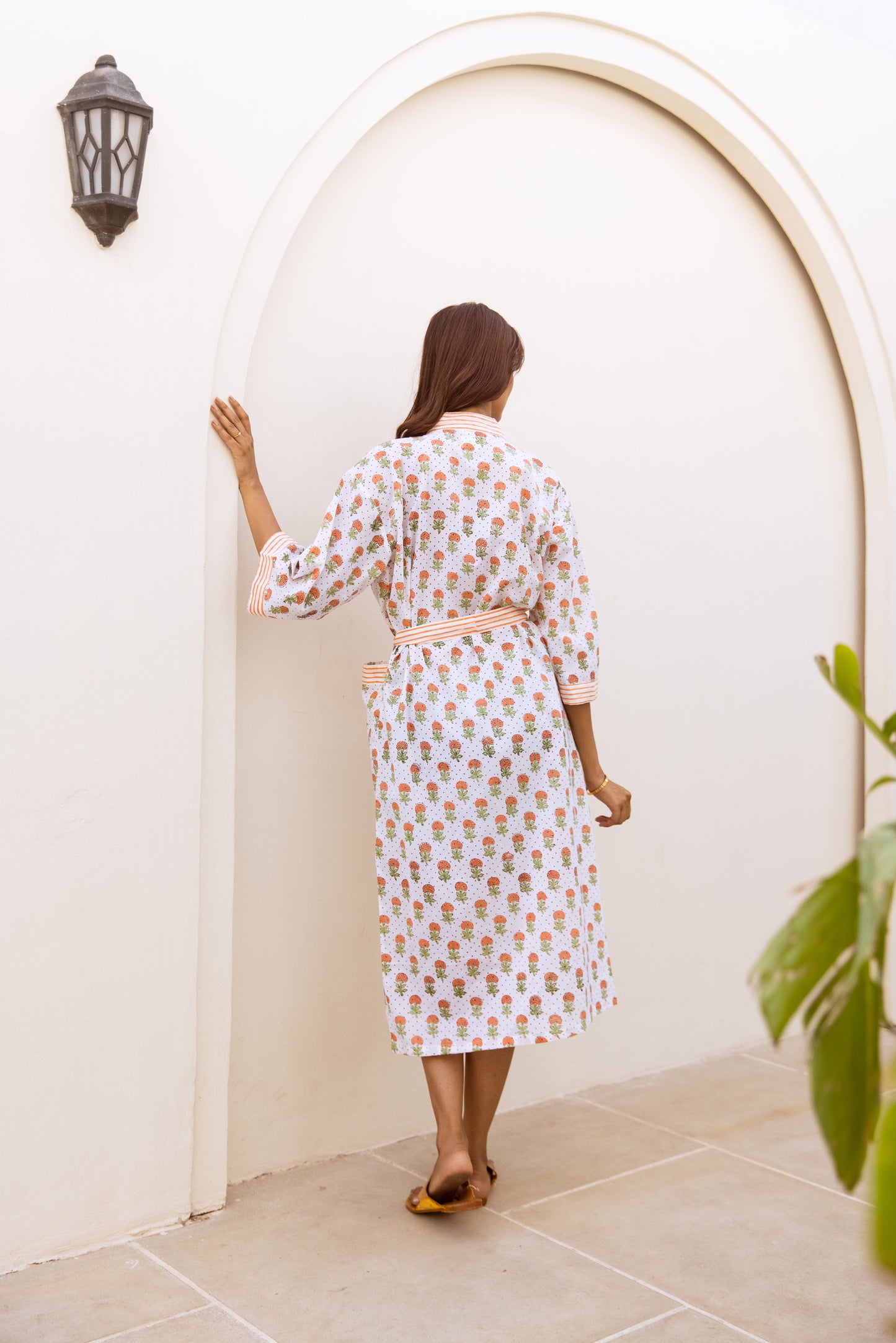 Back view of dressing gown with three-quarter sleeves
