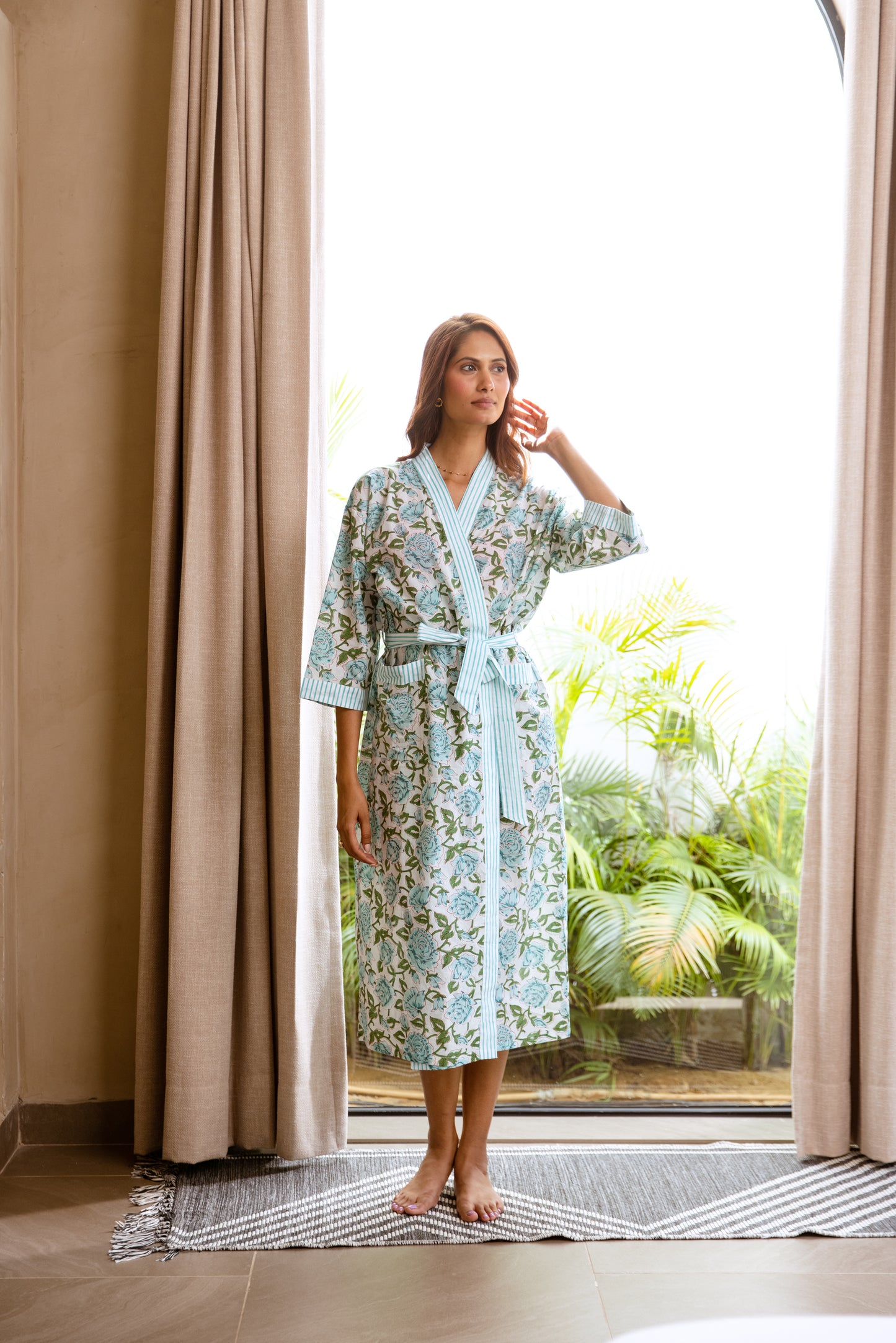 LIGHT COTTON ROBE - AQUA ROSE