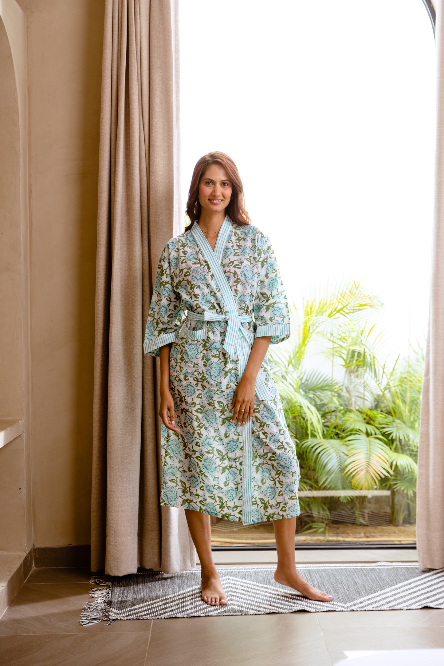 LIGHT COTTON ROBE - AQUA ROSE
