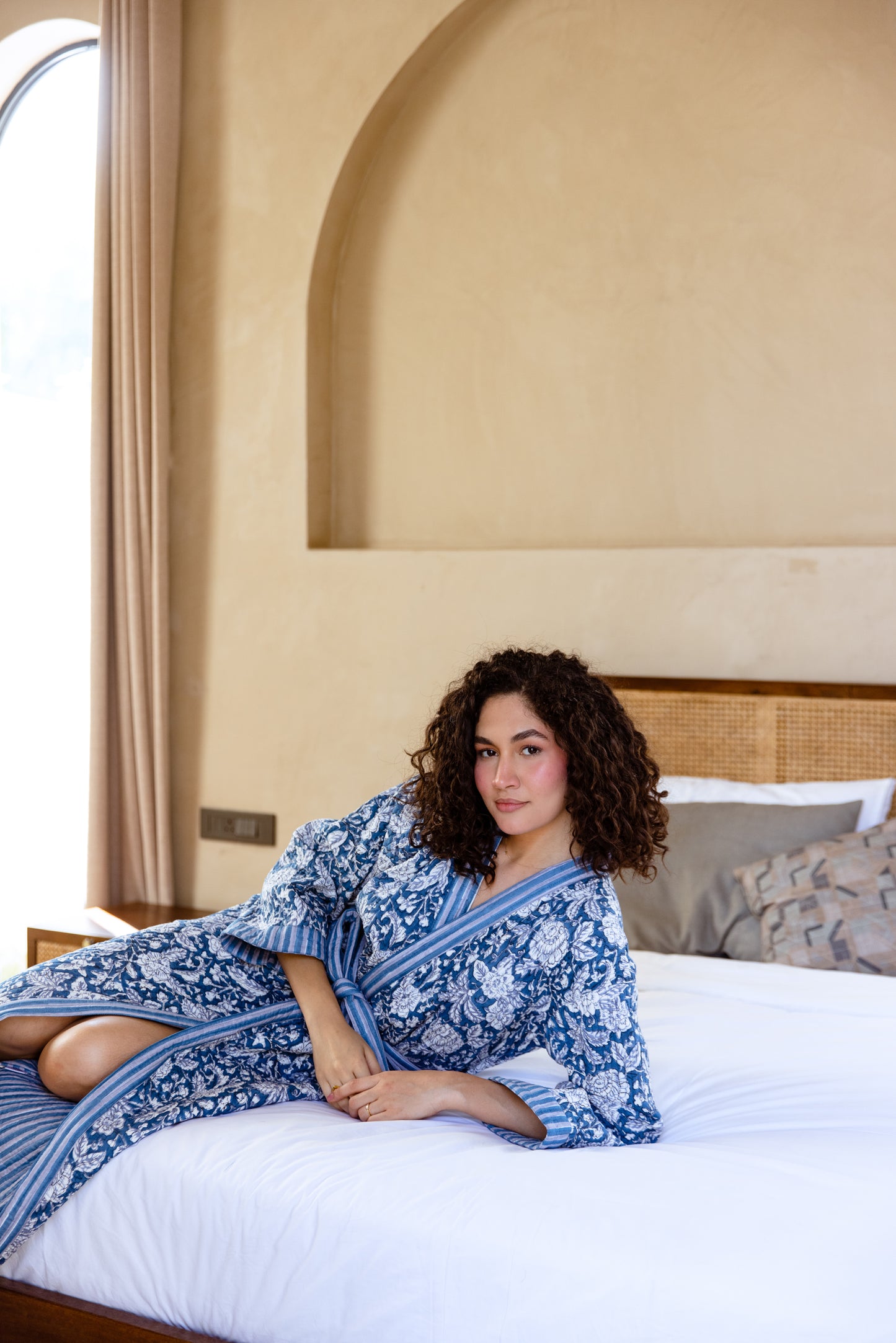 LUXURY QUILTED COTTON ROBE - BLUE FLORAL