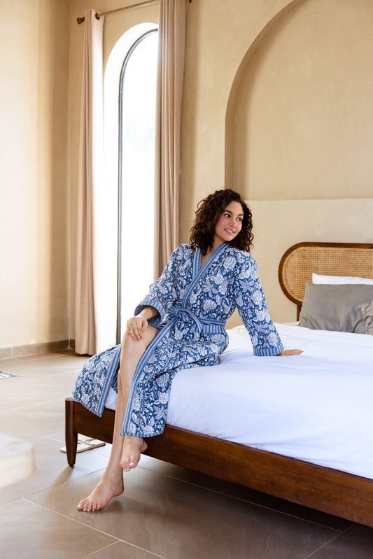 LUXURY QUILTED COTTON ROBE - BLUE BLOSSOM