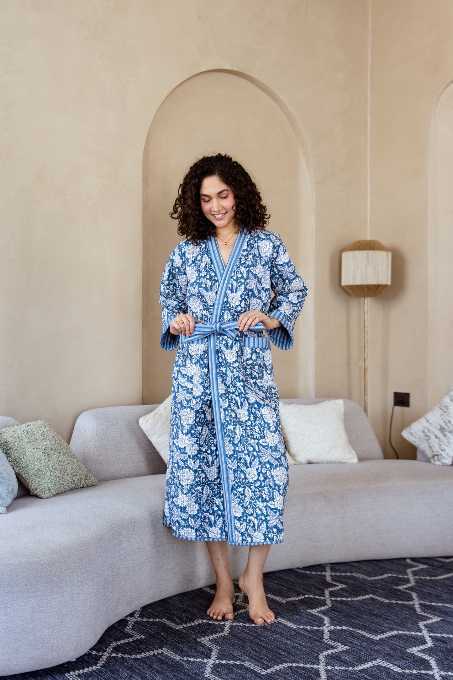 LUXURY QUILTED COTTON ROBE - BLUE FLORAL