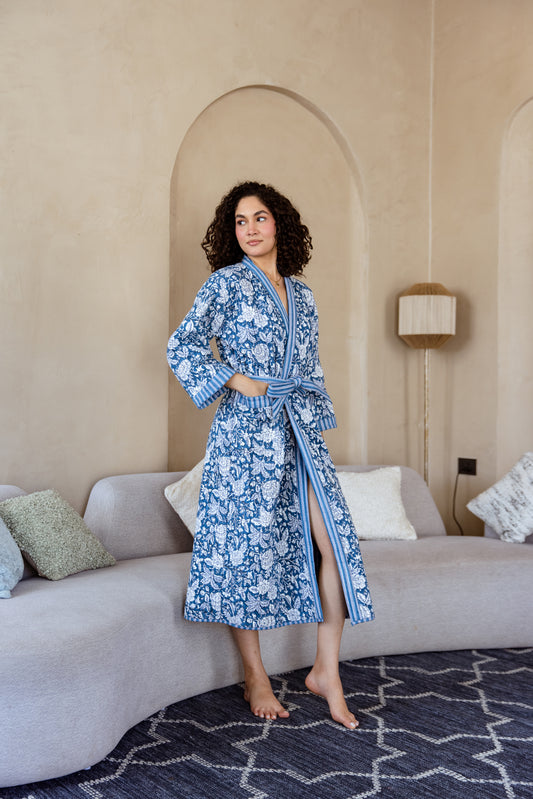 LUXURY QUILTED COTTON ROBE - BLUE FLORAL