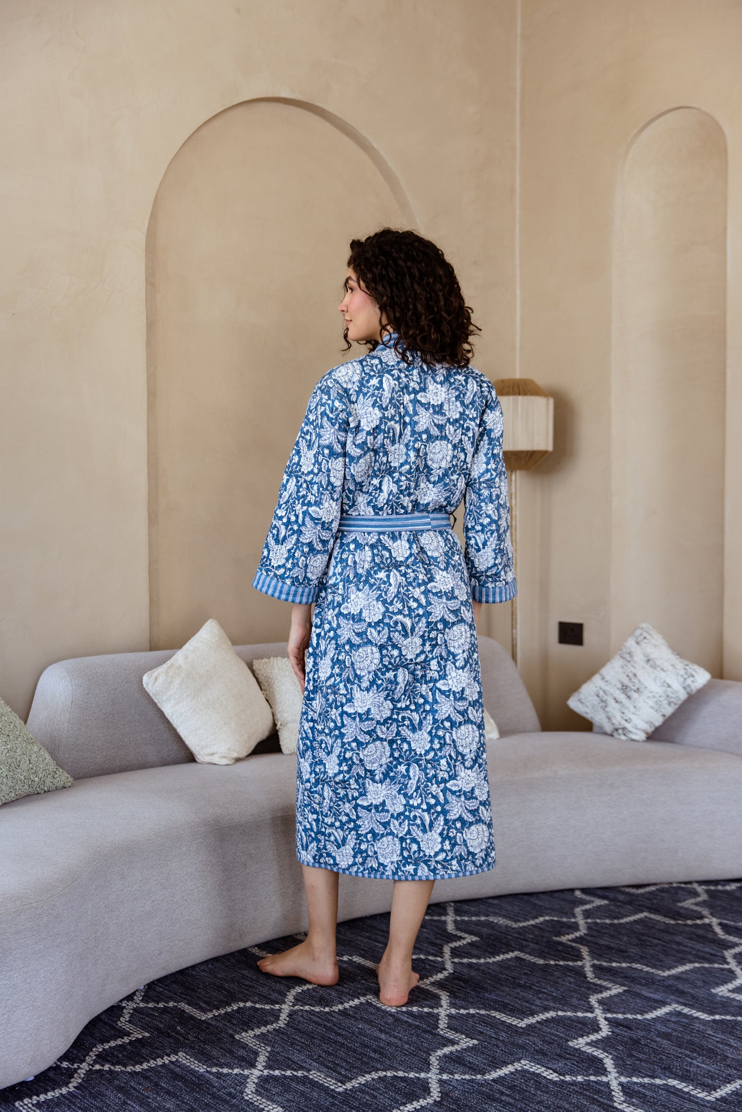 LUXURY QUILTED COTTON ROBE - BLUE FLORAL