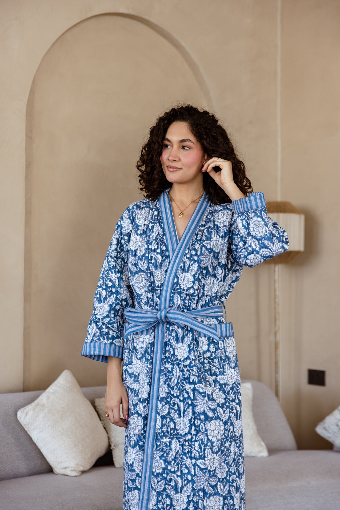 LUXURY QUILTED COTTON ROBE - BLUE FLORAL
