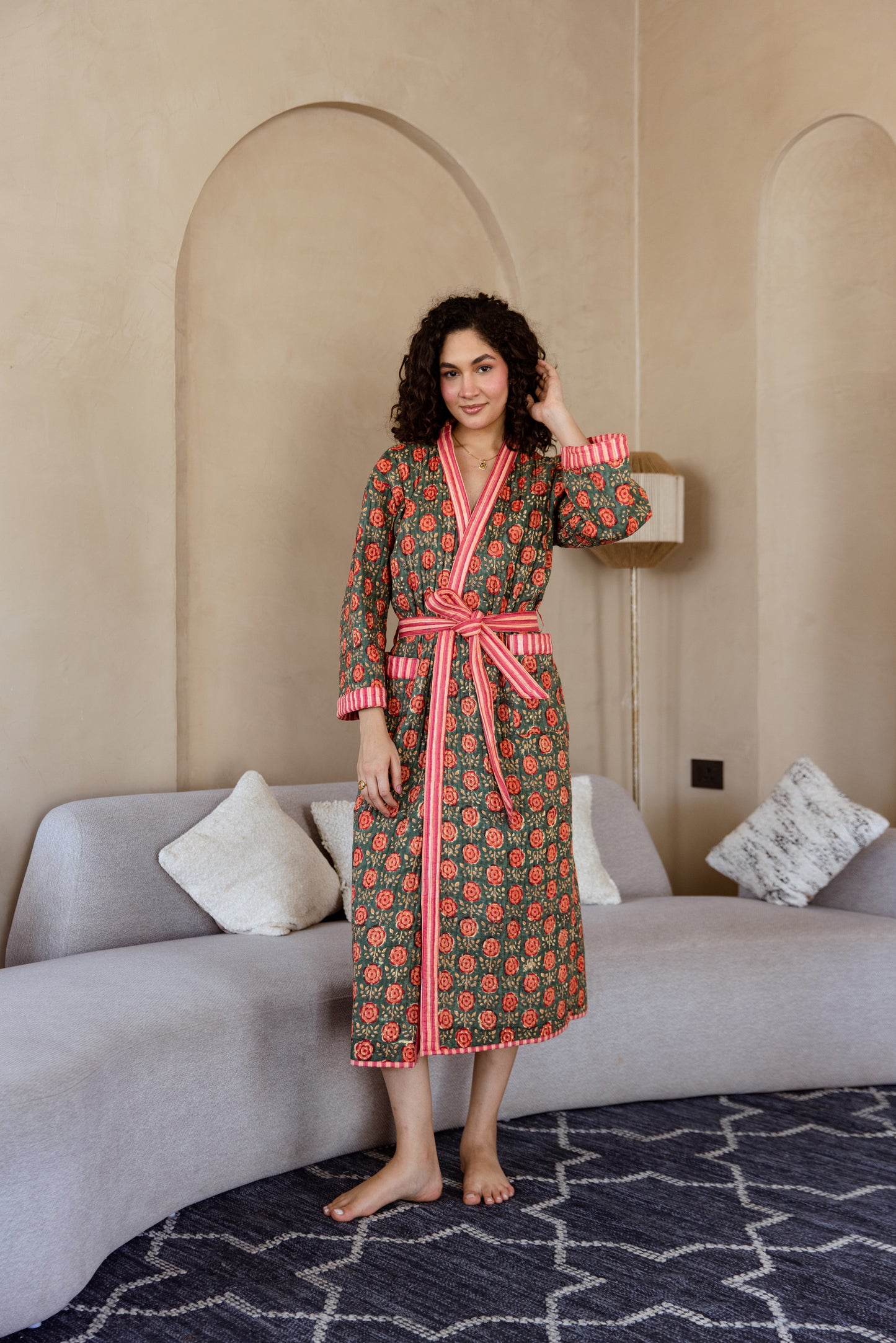 LUXURY QUILTED COTTON ROBE - OLIVE ROSE GARDEN