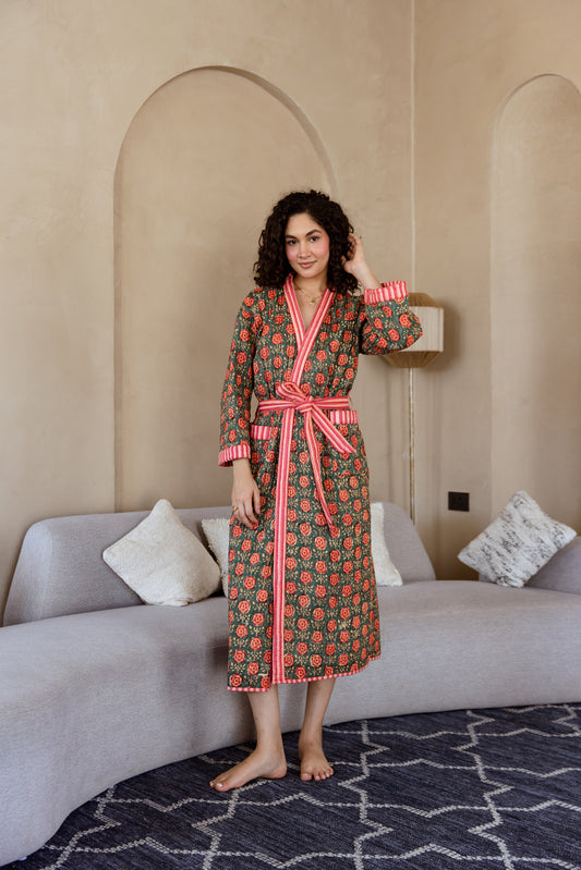 LUXURY QUILTED COTTON ROBE - OLIVE ROSE GARDEN