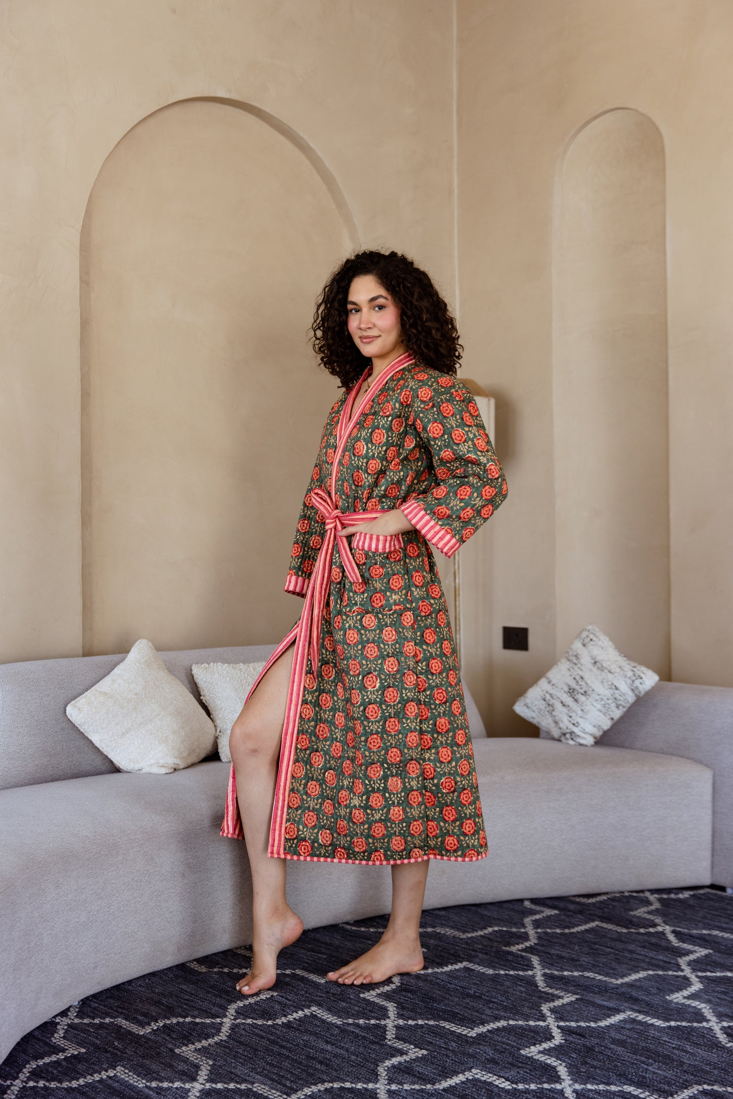 LUXURY QUILTED COTTON ROBE - OLIVE ROSE GARDEN