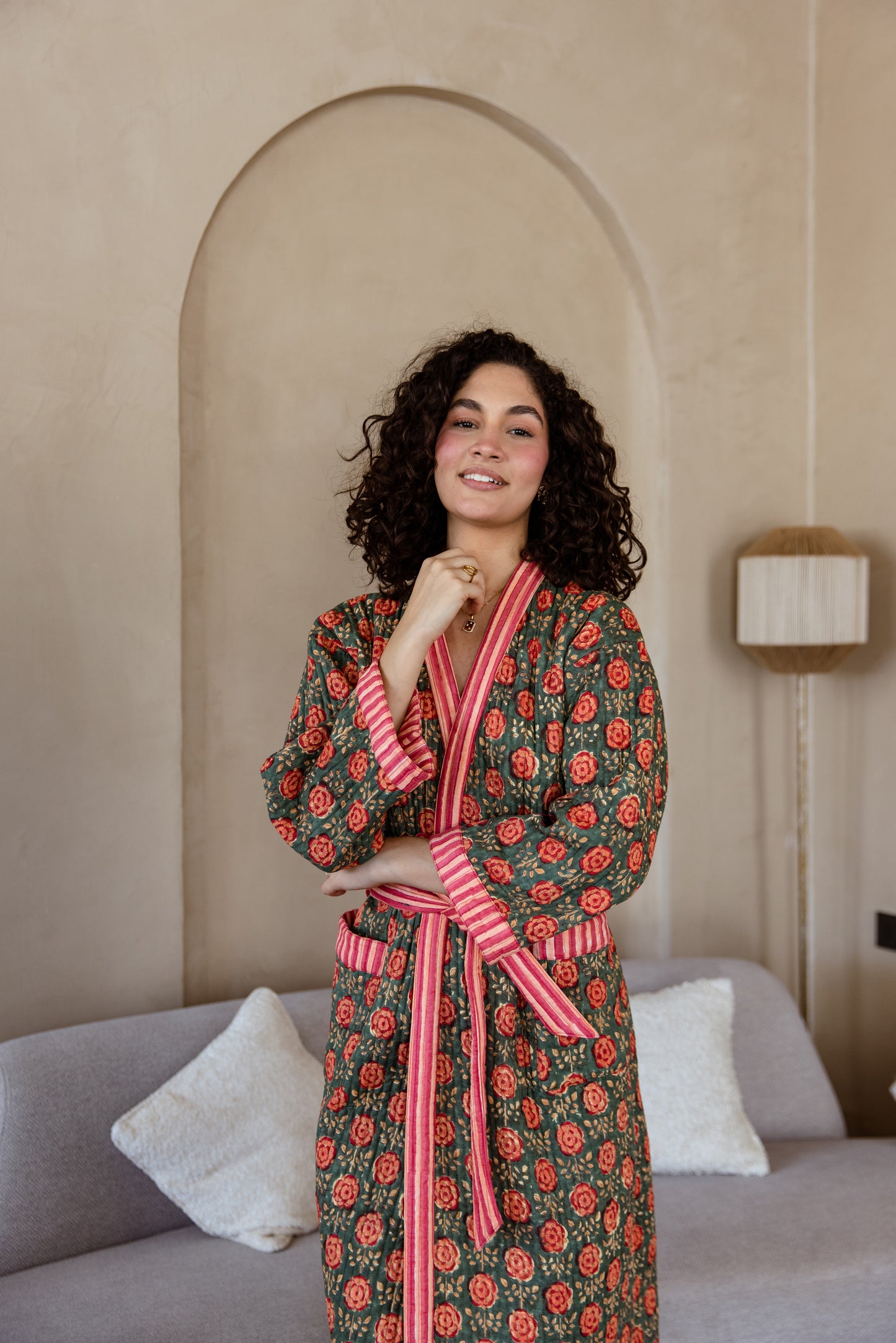LUXURY QUILTED COTTON ROBE - OLIVE ROSE GARDEN
