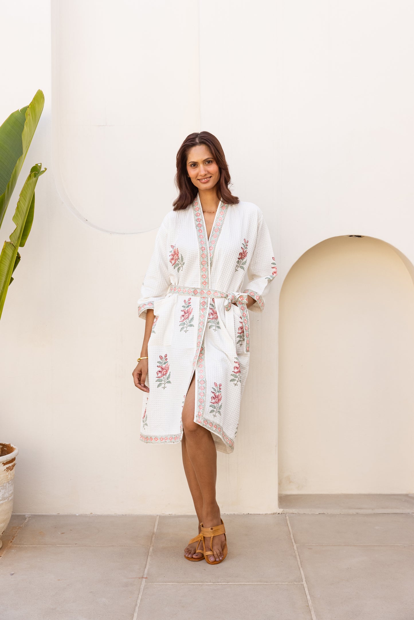 WAFFLE COTTON ROBE - IVORY PINK FLORAL