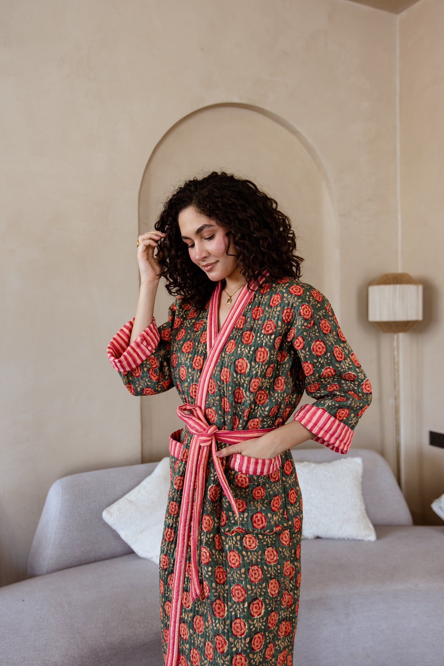 LUXURY QUILTED COTTON ROBE - OLIVE ROSE GARDEN