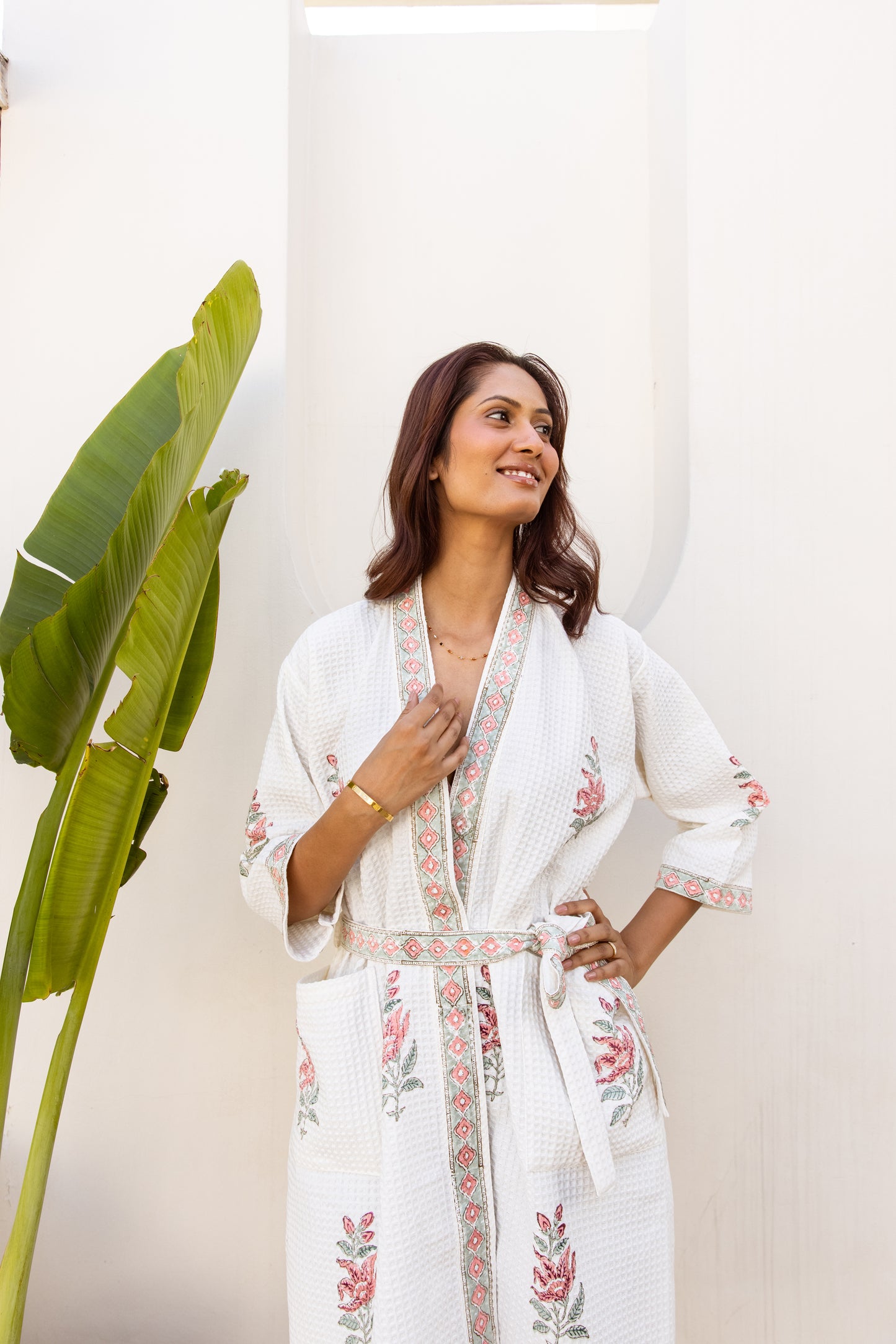 WAFFLE COTTON ROBE - IVORY PINK FLORAL