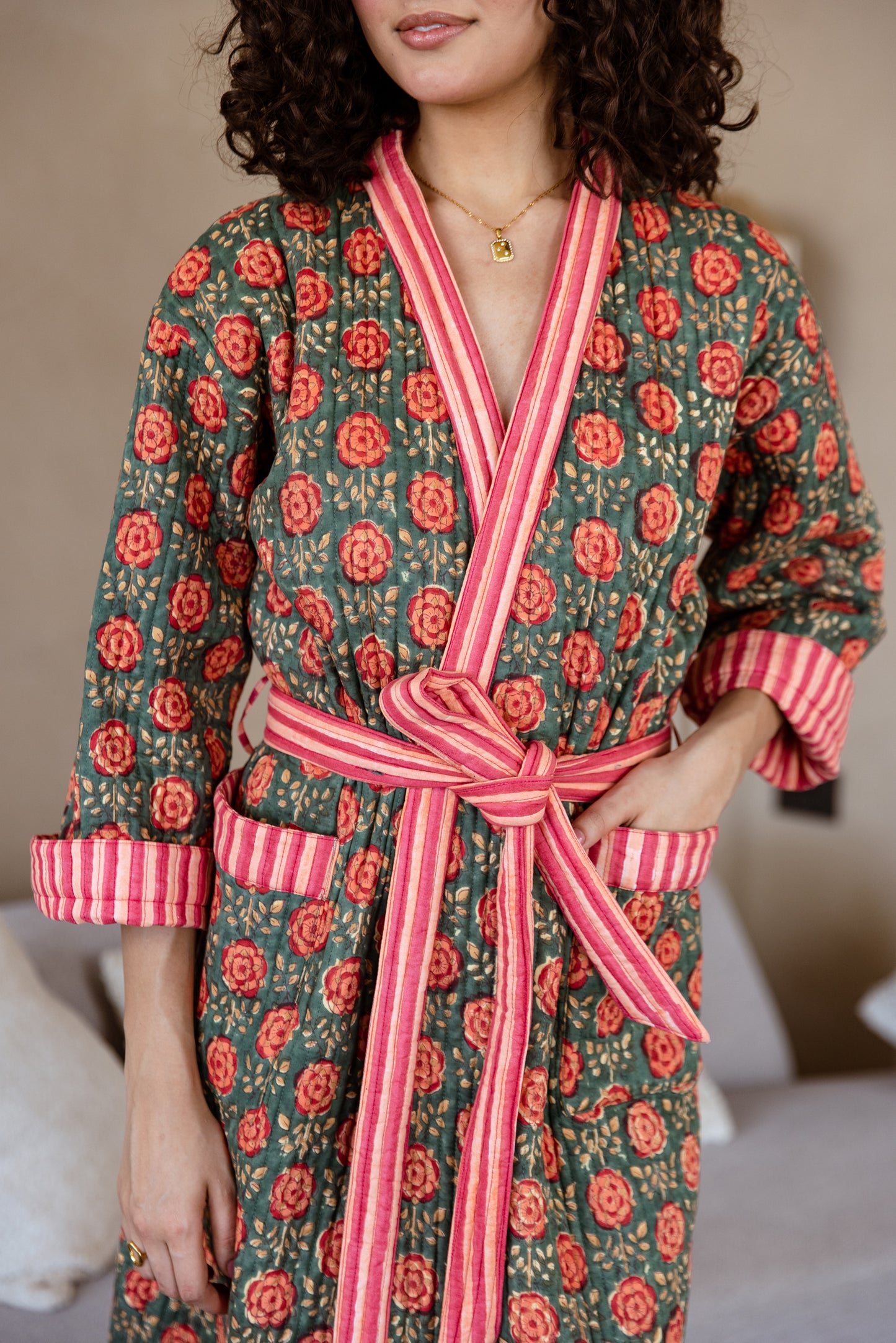 LUXURY QUILTED COTTON ROBE - OLIVE ROSE GARDEN