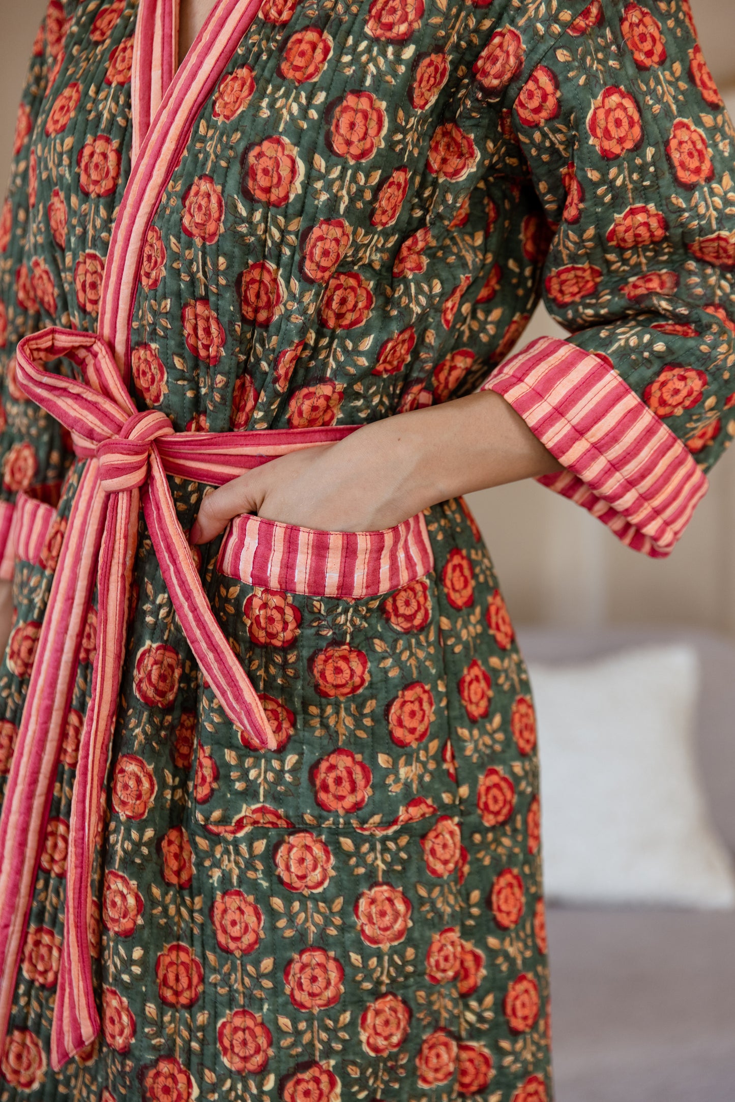 LUXURY QUILTED COTTON ROBE - OLIVE ROSE GARDEN