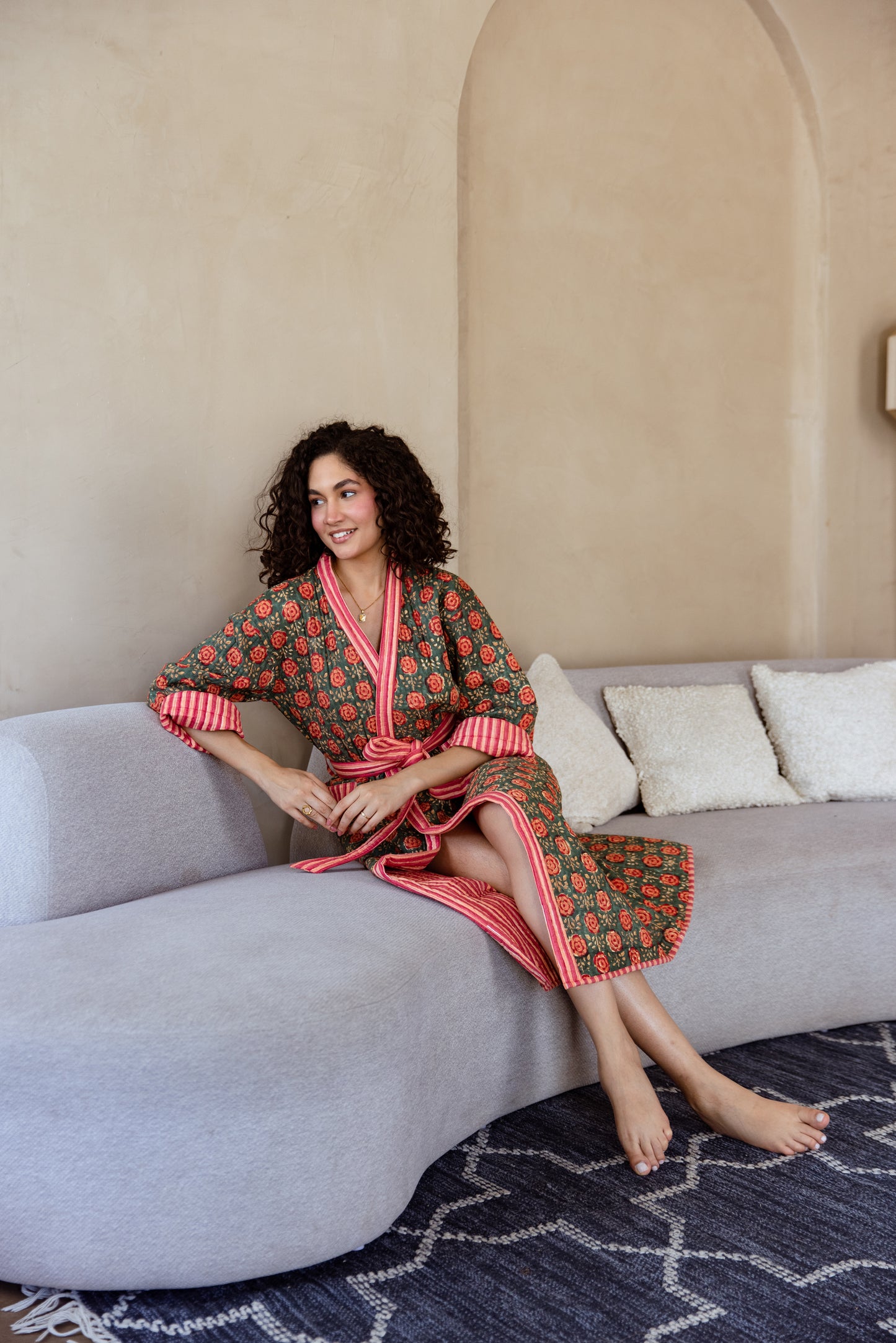 LUXURY QUILTED COTTON ROBE - OLIVE ROSE GARDEN