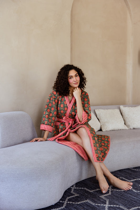 Block Printed Quilted Cotton Robes | Ladies Quilted Dressing Gown Rooh Block Printed Quilted Cotton Robes | Ladies Quilted Dressing Gown Rooh