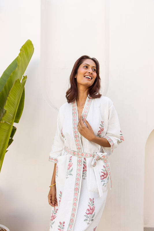 WAFFLE COTTON ROBE - IVORY PINK FLORAL