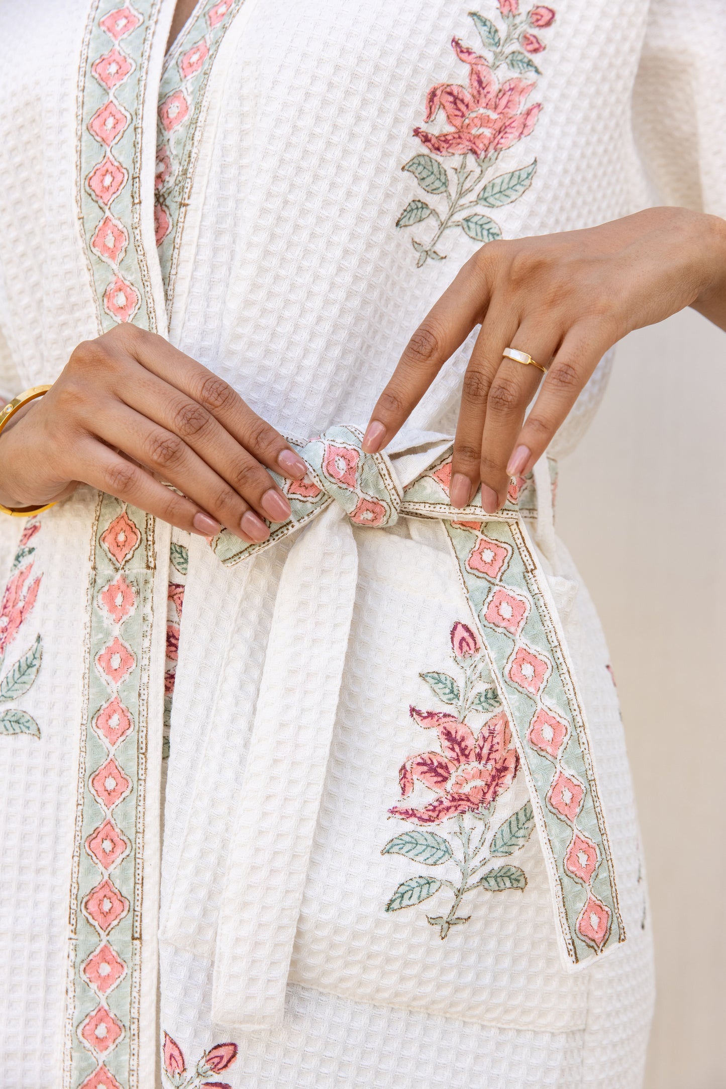 WAFFLE COTTON ROBE - IVORY PINK FLORAL