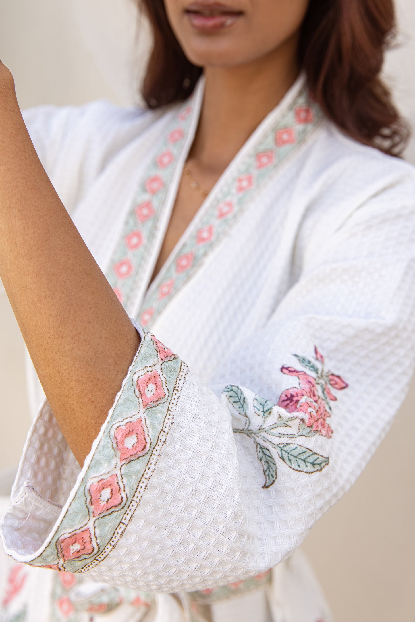 WAFFLE COTTON ROBE - IVORY PINK FLORAL