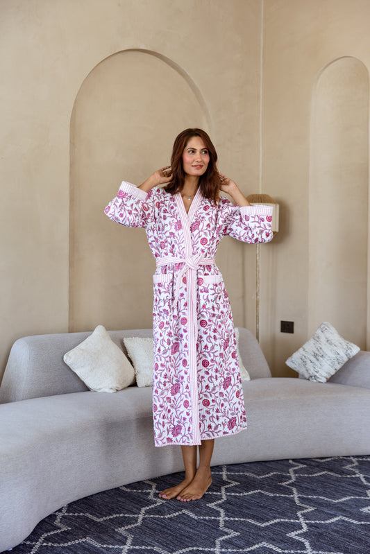 LUXURY QUILTED COTTON ROBE - PINK FLORAL VINE