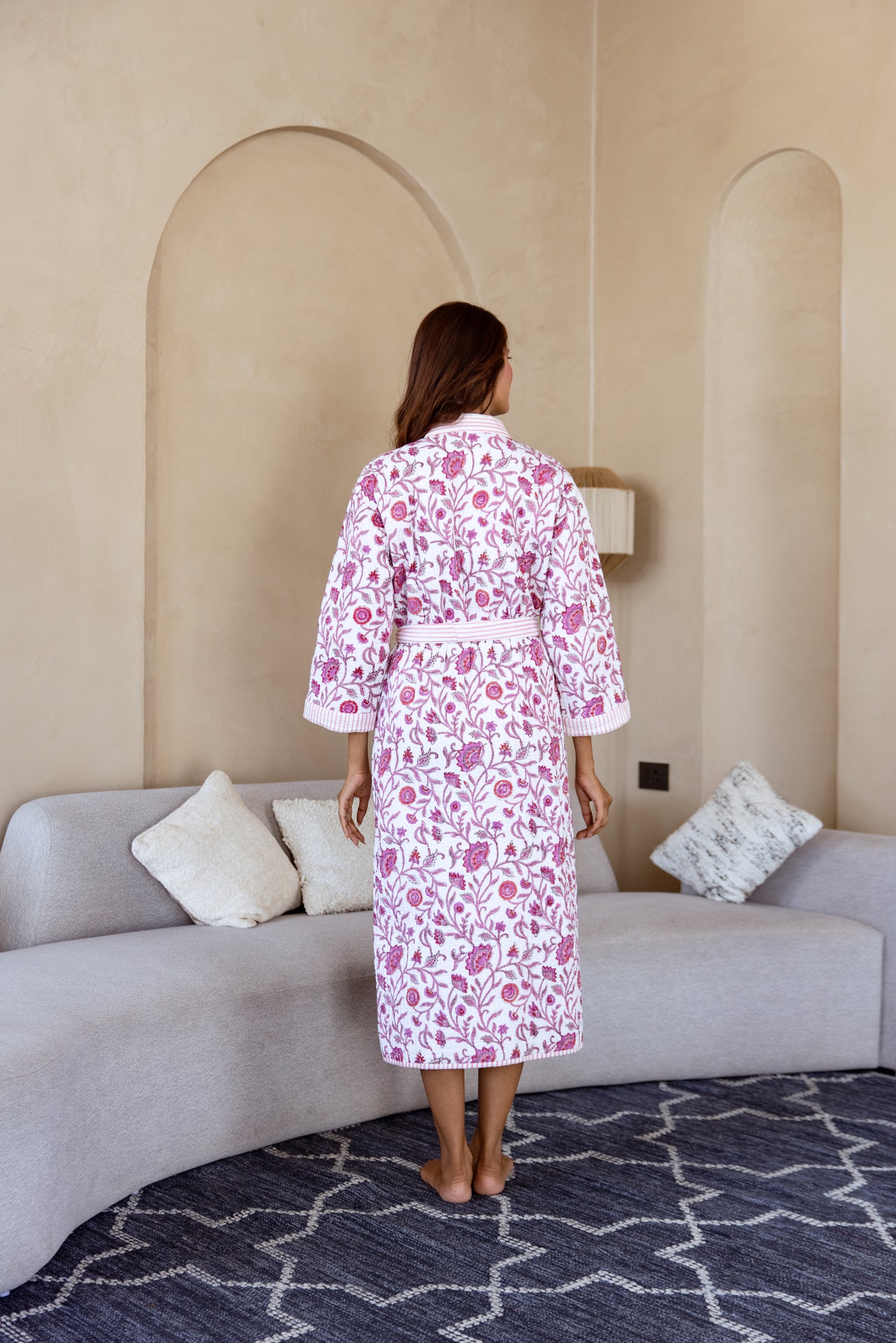 LUXURY QUILTED COTTON ROBE - PINK FLORAL VINE